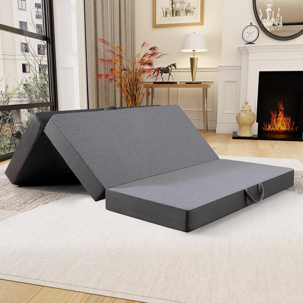 Folding Mattress 4/6in Tri-Fold Memory Foam Mattress Topper Washable Cover Queen