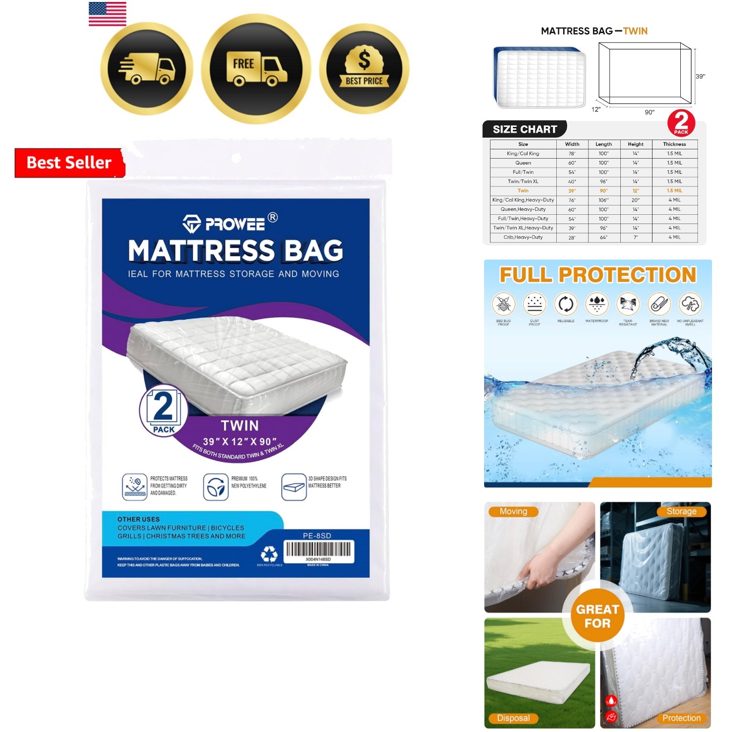 2 PK Twin Mattress Bags for Moving, Waterproof & Tear-Resistant Plastic Mattr…