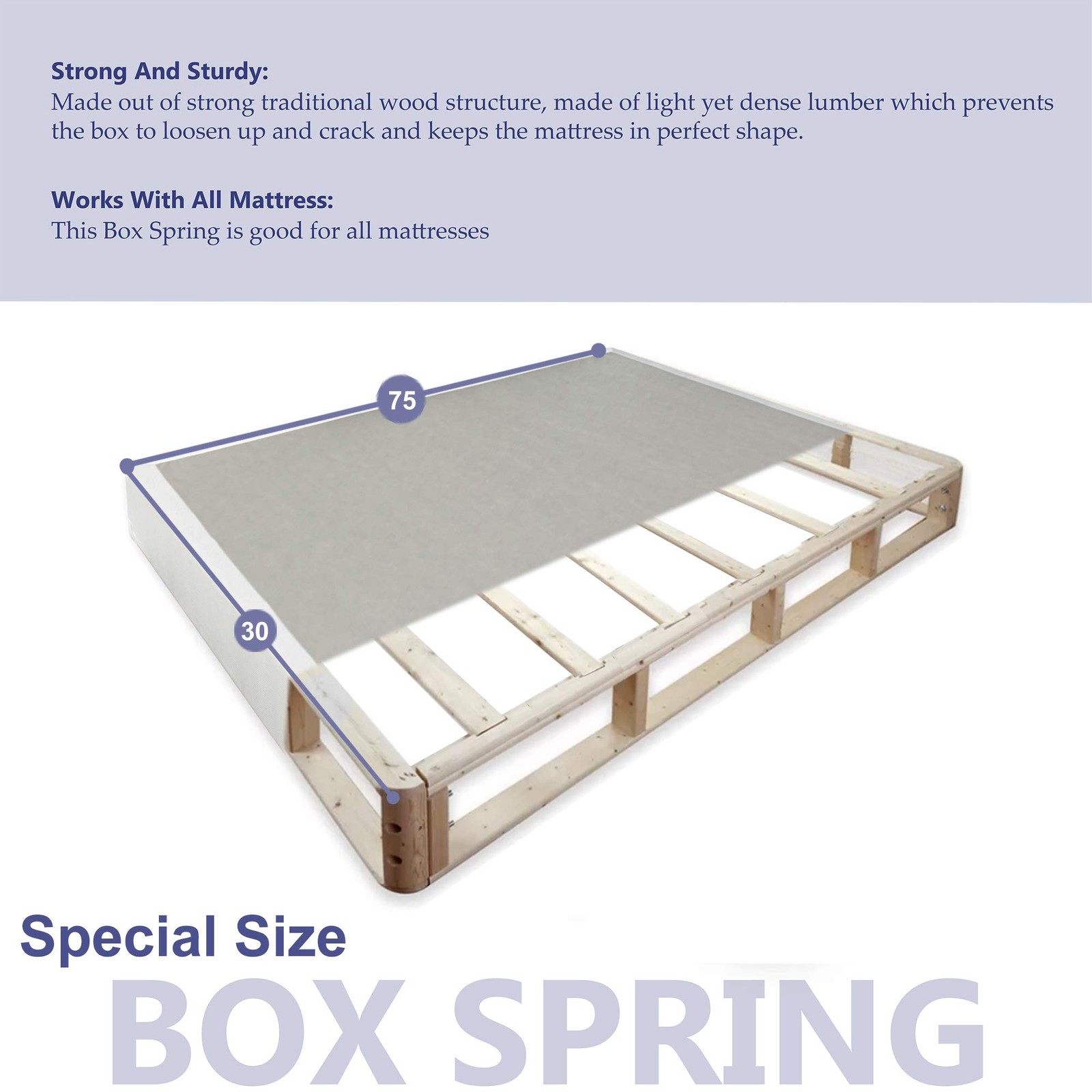 8-Inch Wood Traditional Box Spring/Foundation For Mattress Set, 75″ X 30″, Beige
