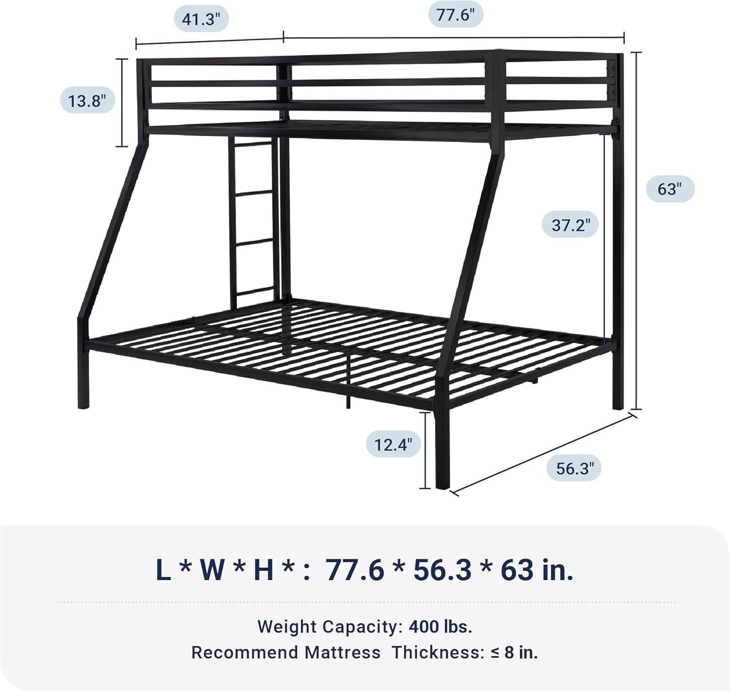 Metal Bunk Bed Twin Over Full Size for Junior & Adults with Ladder