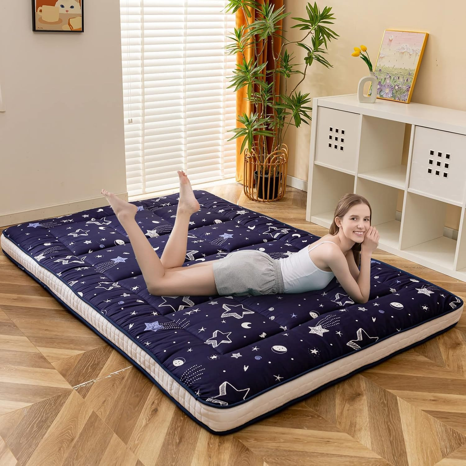 Navy Star Extra Thick Futon Mattress – Quilted Floor Lounger for Camping, Twin