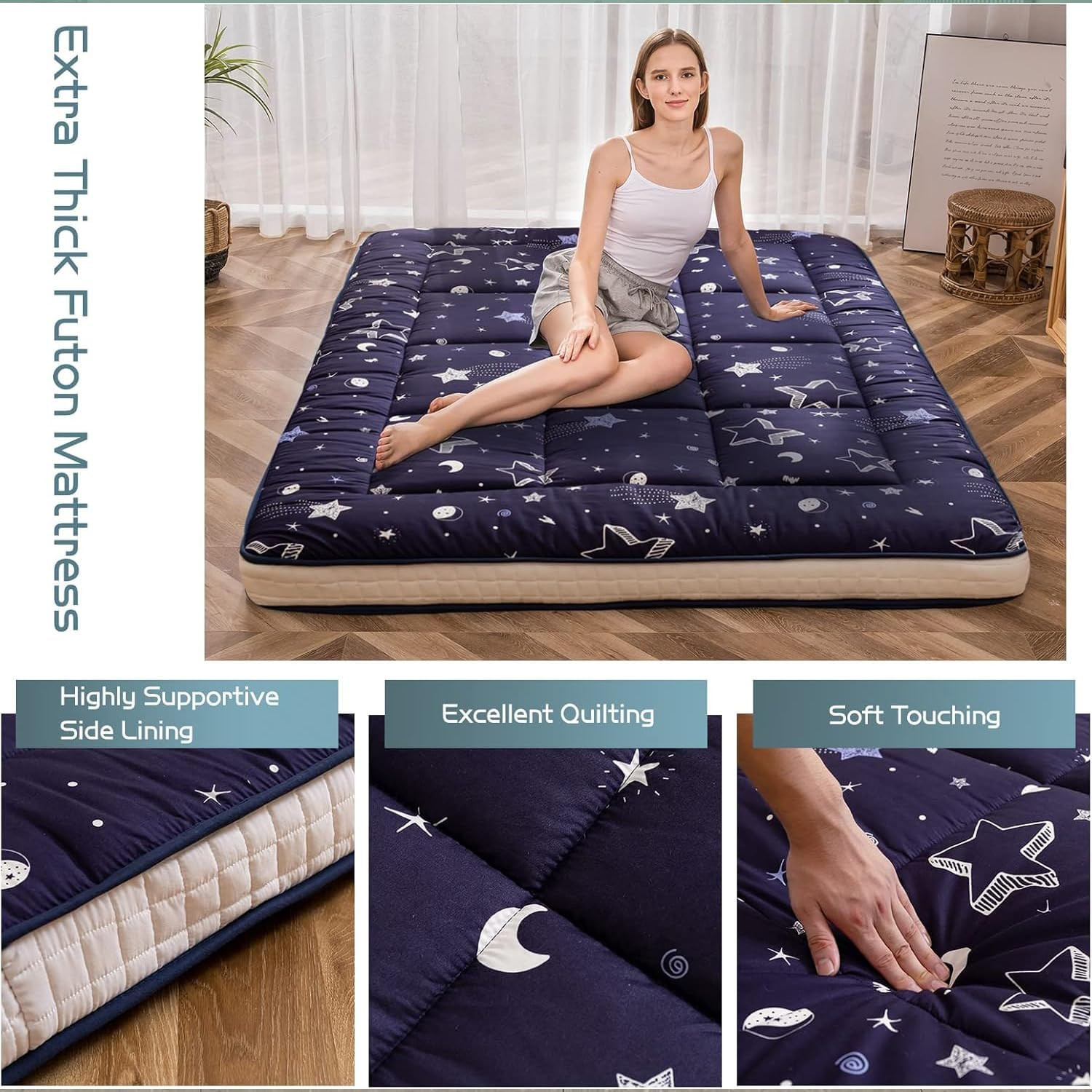 Navy Star Extra Thick Futon Mattress – Quilted Floor Lounger for Camping, Twin