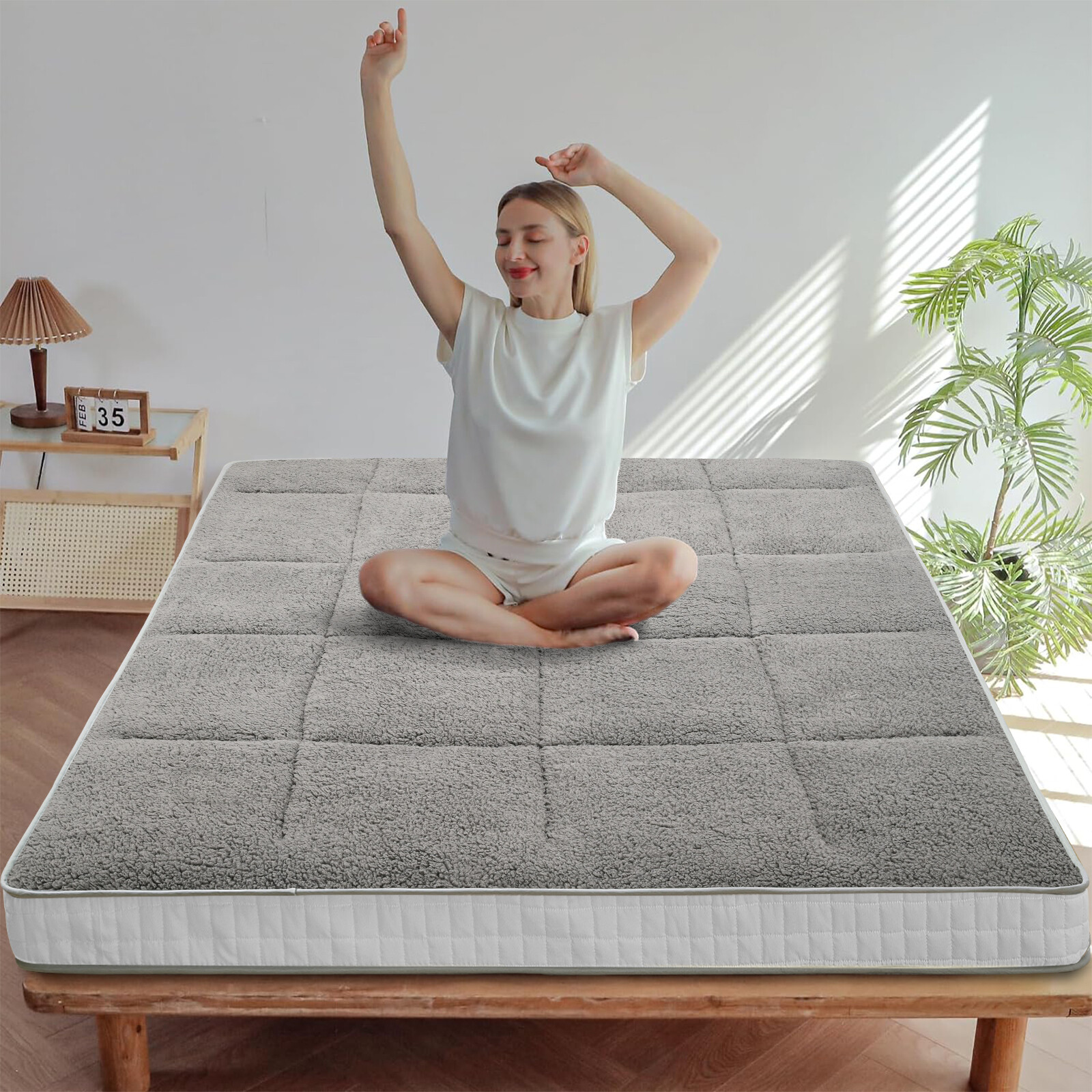 SUNYRISY 4 In Folding Mattress Foldable Sherpa Fleece Mattress 2-Use Tatami Mat