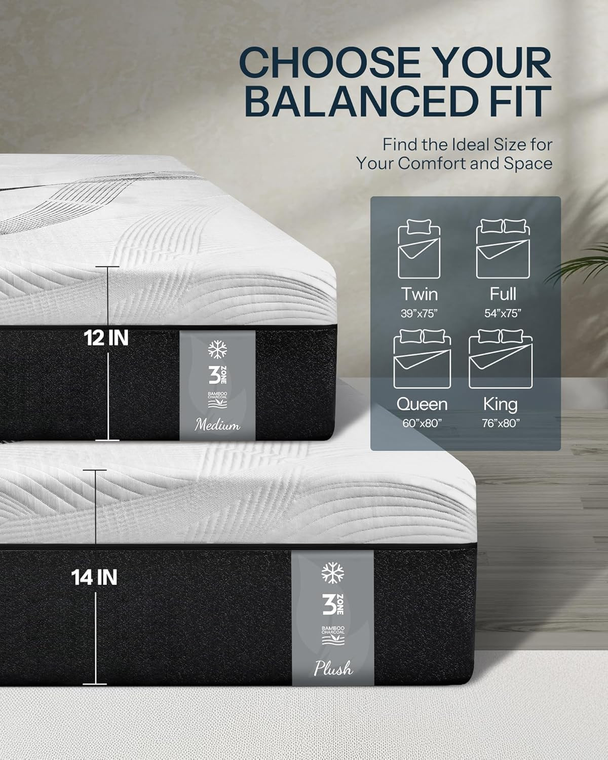 Full Size Mattress 14 Inch, Plush Hybrid Mattress Made in USA, 3-Zone Individual