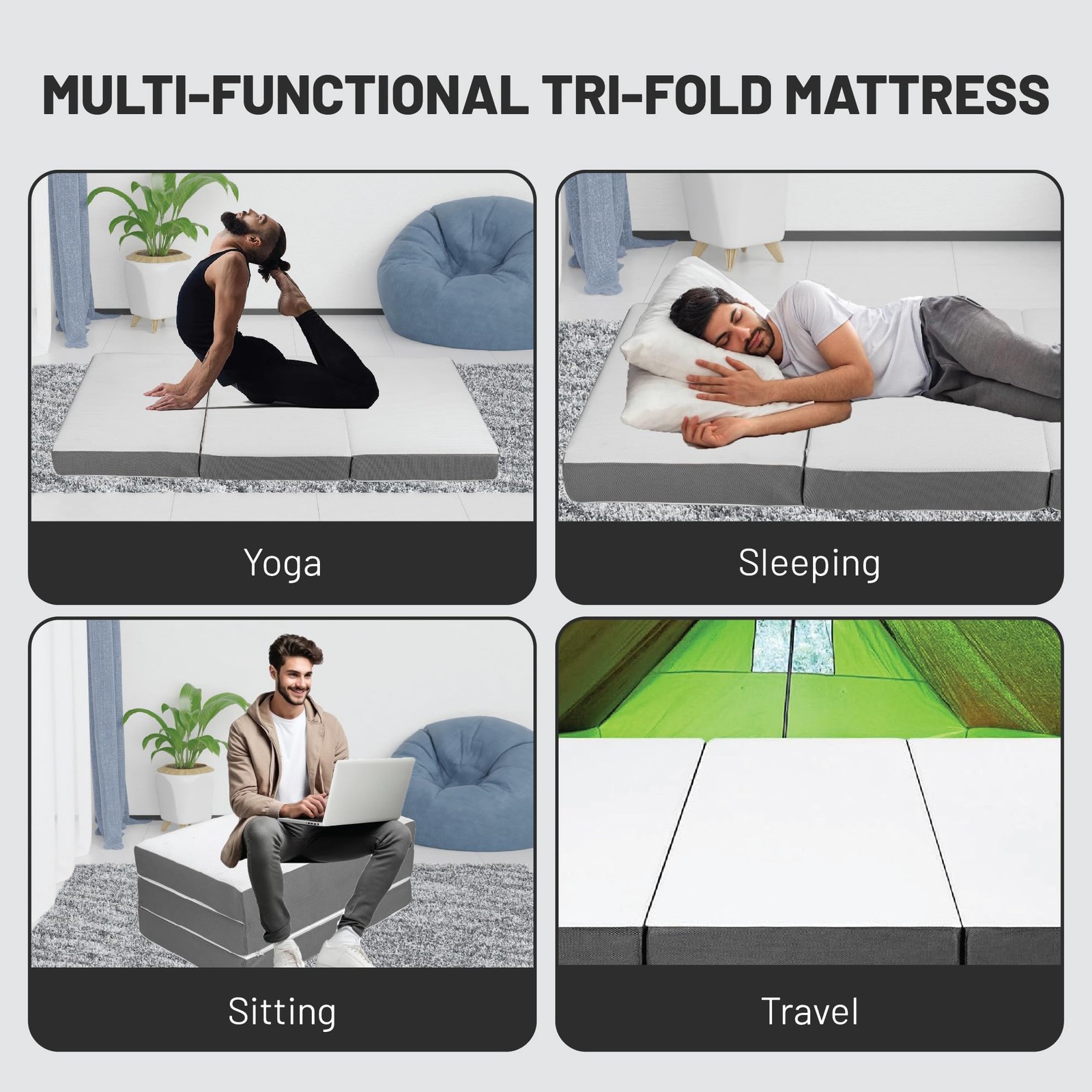, 4-Inch Tri-Folding Memory Foam Portable Floor Mattress | Breathable Mesh, U…