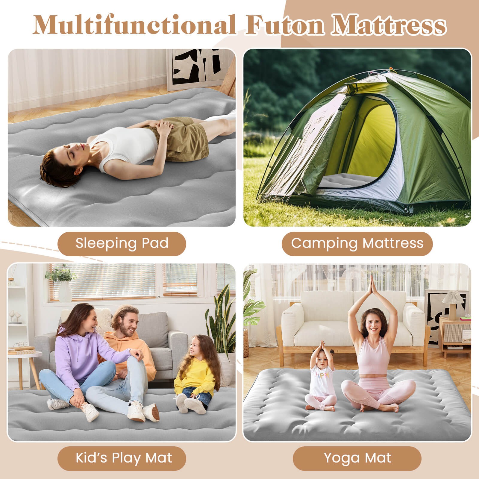 King Futon Mattress Japanese Floor Pad Washable Cover Carry Bag Gray