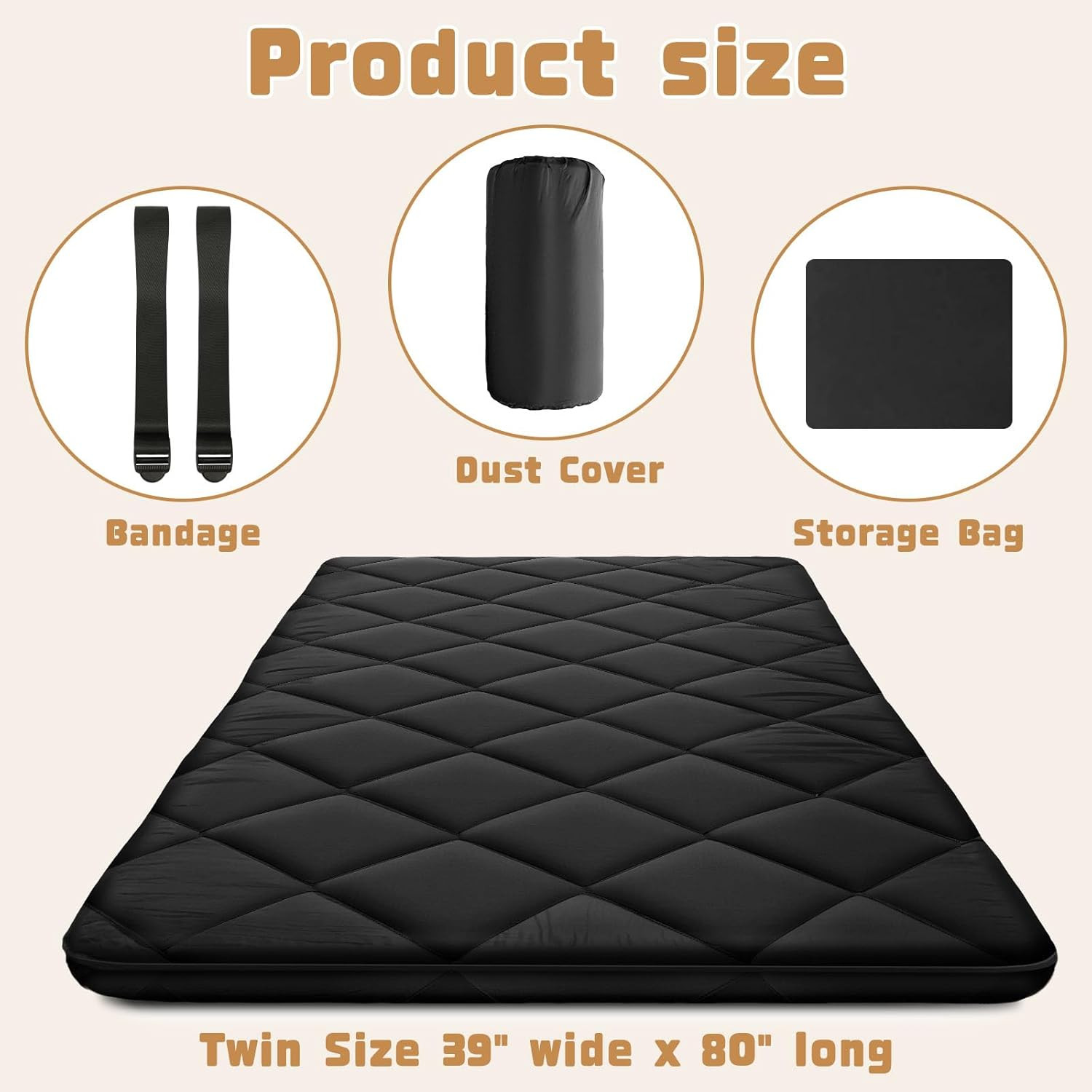 4″ Thick Japanese Futon Floor Mat Twin Size 39″×80″, 5-Layer Twin Japanese Tatam