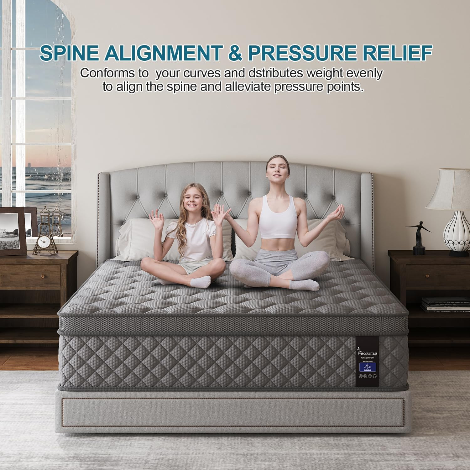 VISCOUNTESS King Mattress, 10 Inch Hybrid Mattresses Grey Medium Firm for Back &