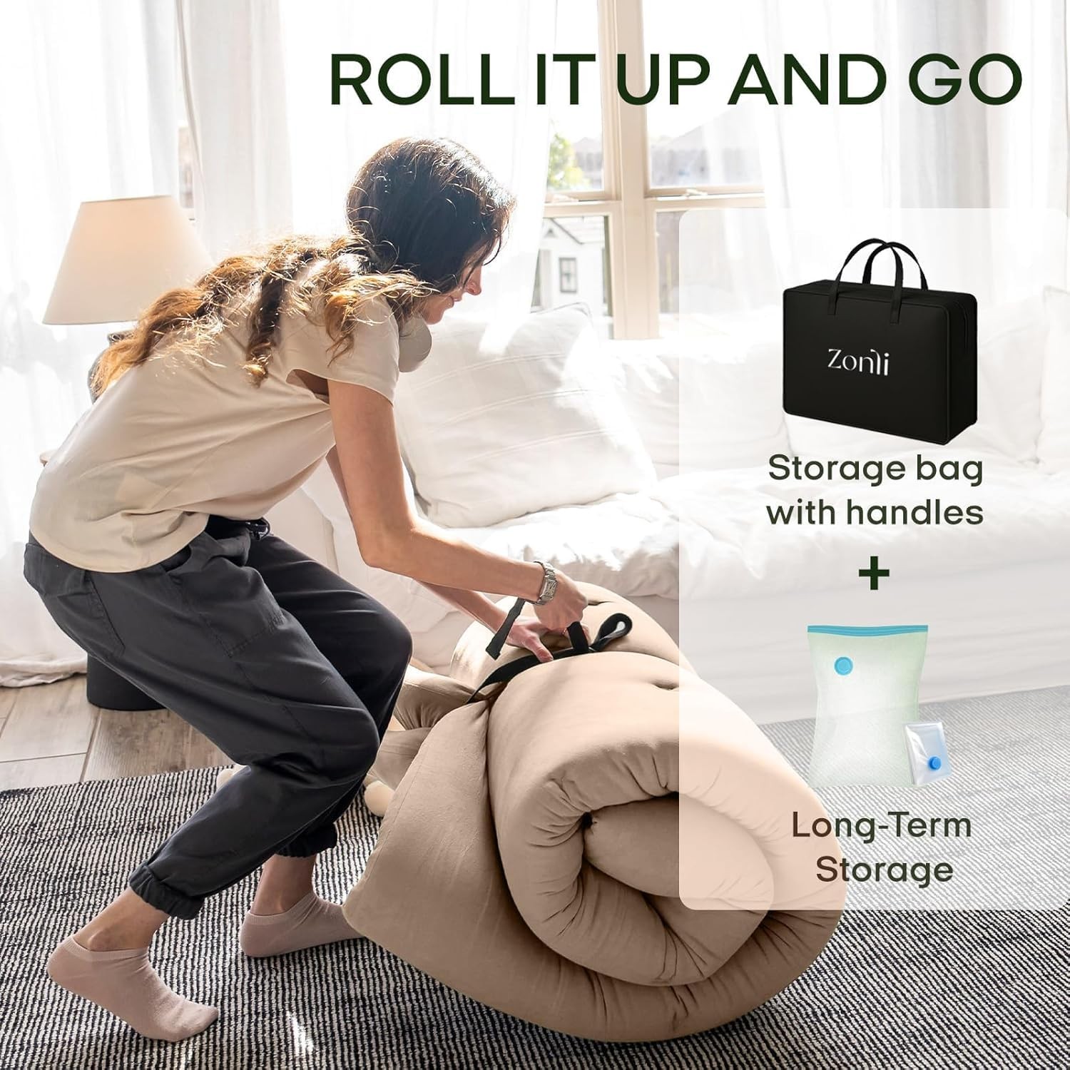 Japanese Floor Futon Mattress Full Size 75″x 54″, 100% Cotton Cover 2.5” Thi…