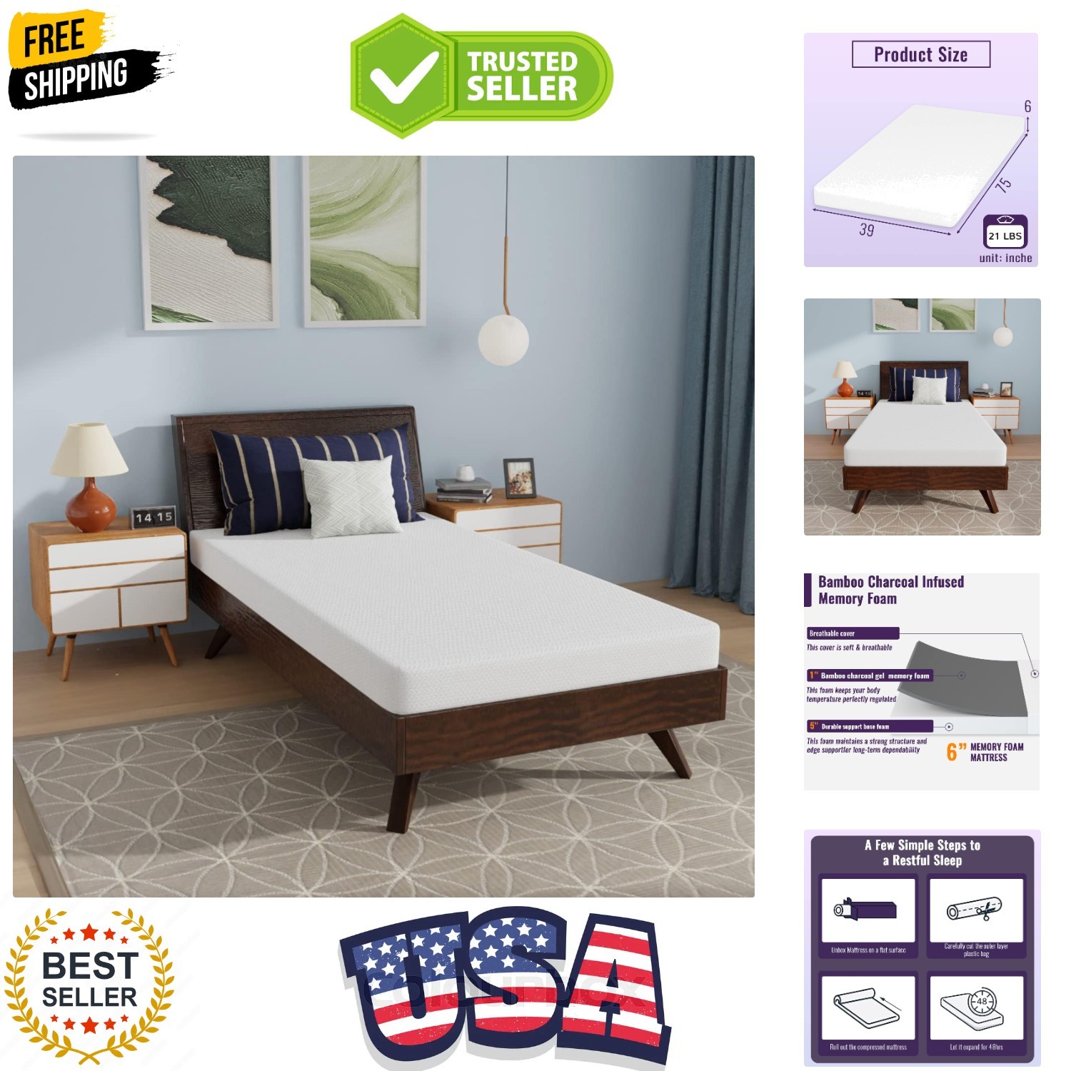 6 Inch Twin Gel Memory Foam Mattress Bamboo Charcoal Infused Mattress in a Bo…