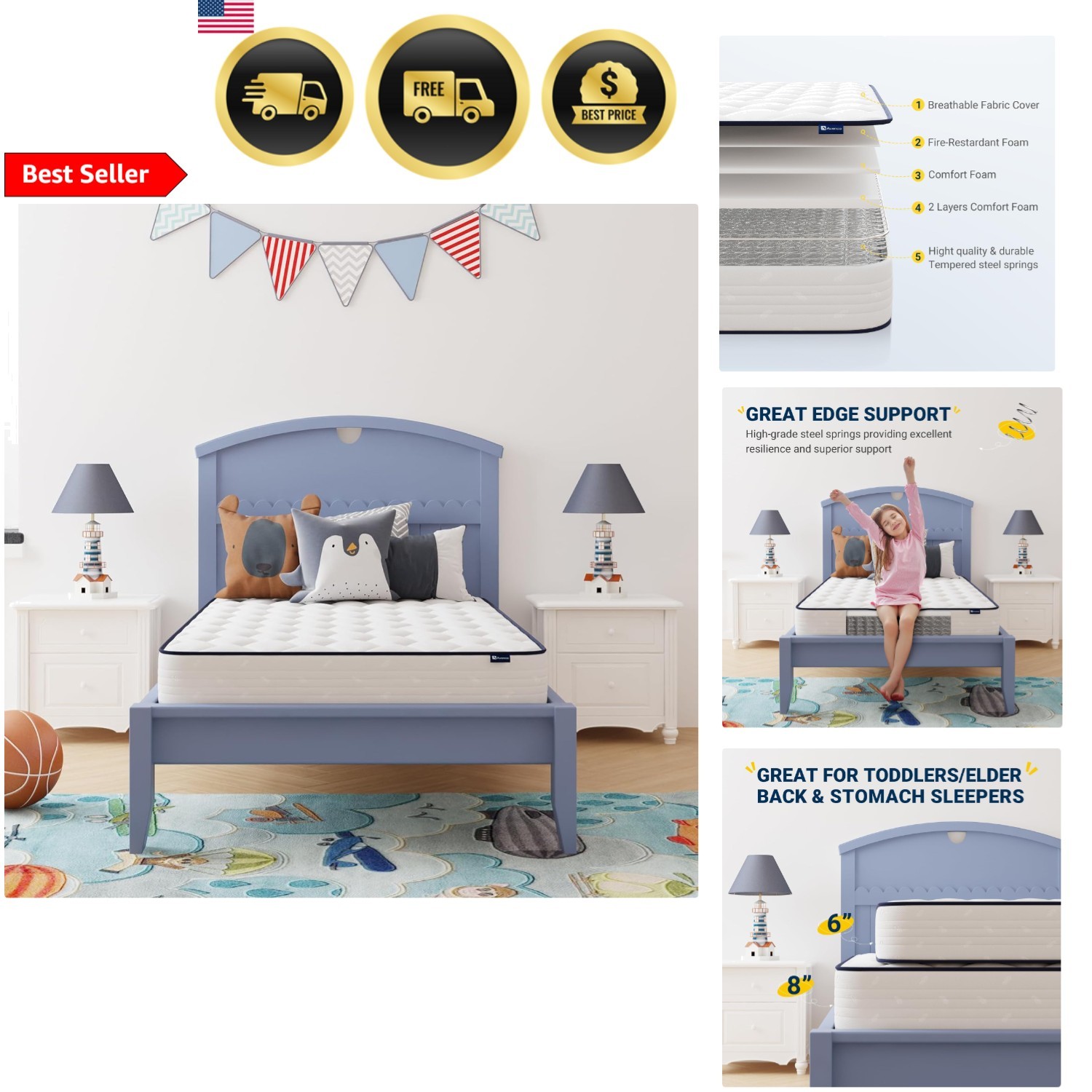 Twin Mattress 6 Inch Foam & Spring Hybrid Bed in a Box Breathable CertiPUR