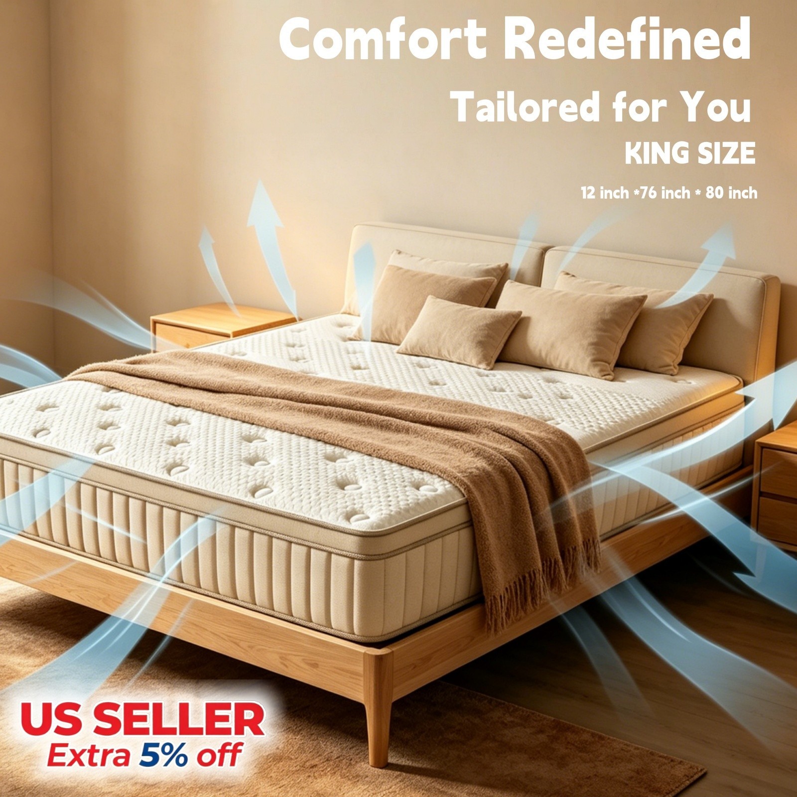 12” KING Hybrid Mattress Cooling Gel Memory Foam Pocket Spring Bed Box Beige