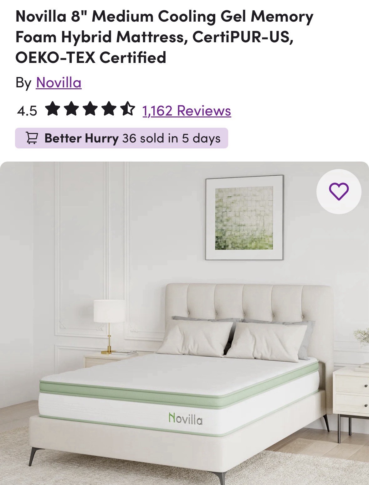 Novilla 8″ Medium Cooling Gel Memory Foam Hybrid Mattress CertiPUR-US OEKO-TEX
