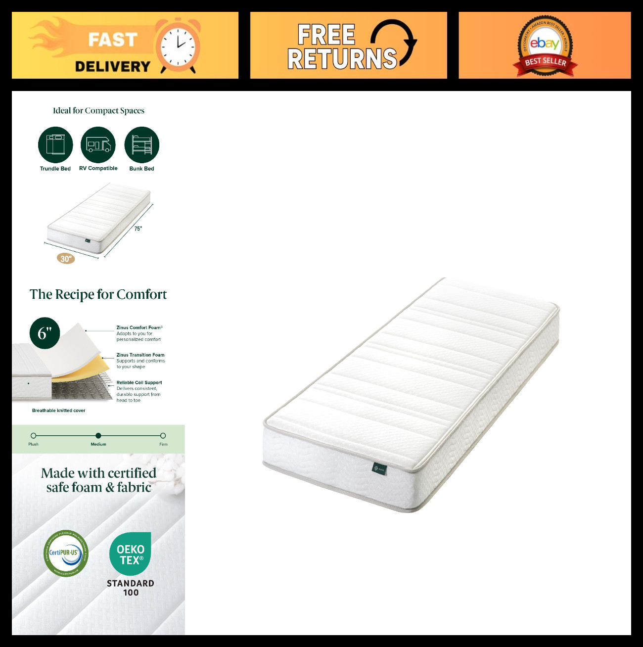 Narrow Twin Hybrid Mattress 30″x75″ – 6″ Foam & Spring for Bunk Beds, RVs, Compa
