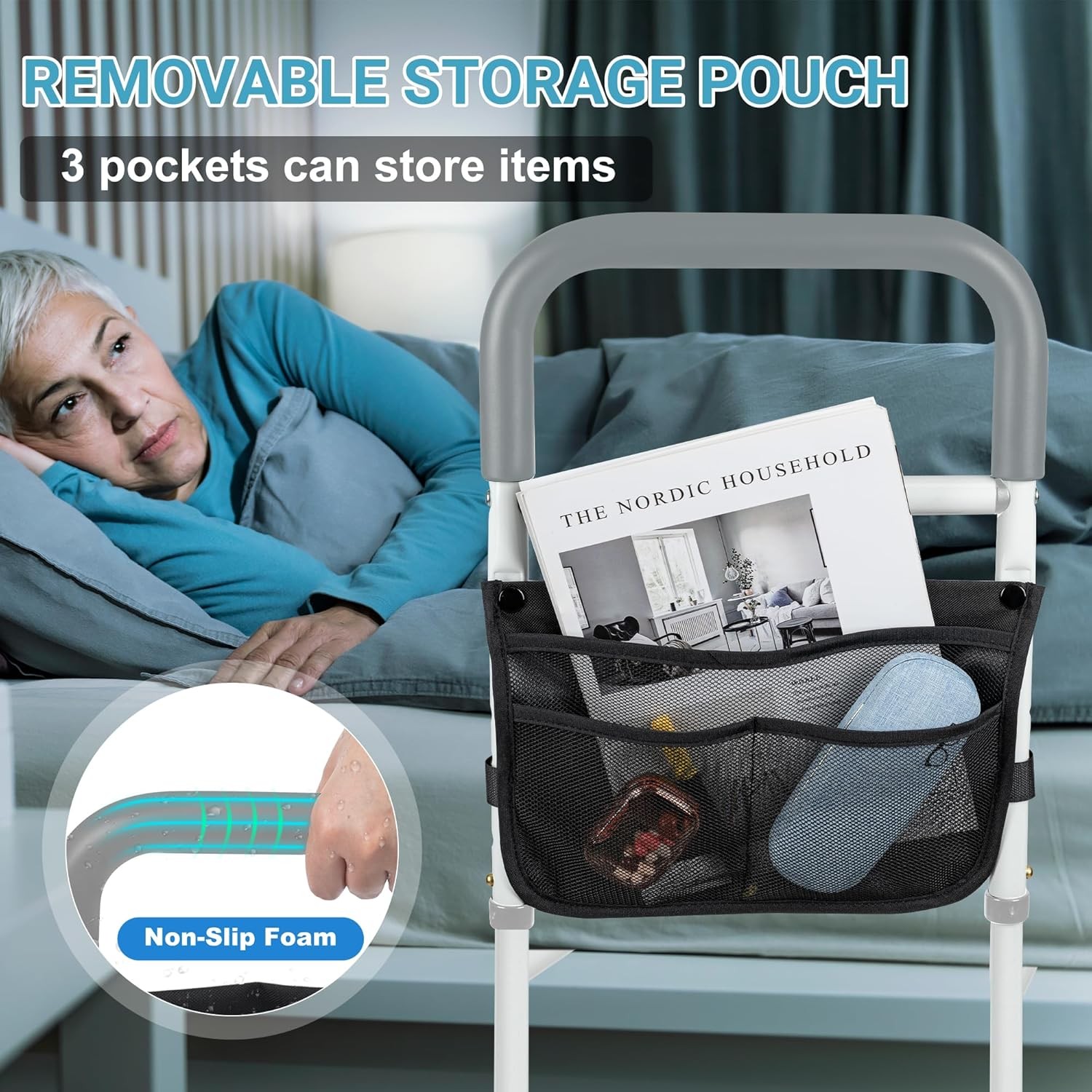 Bed Rails for Elderly Bed Side Assist Rail With Storage Pouch Height Adjustable