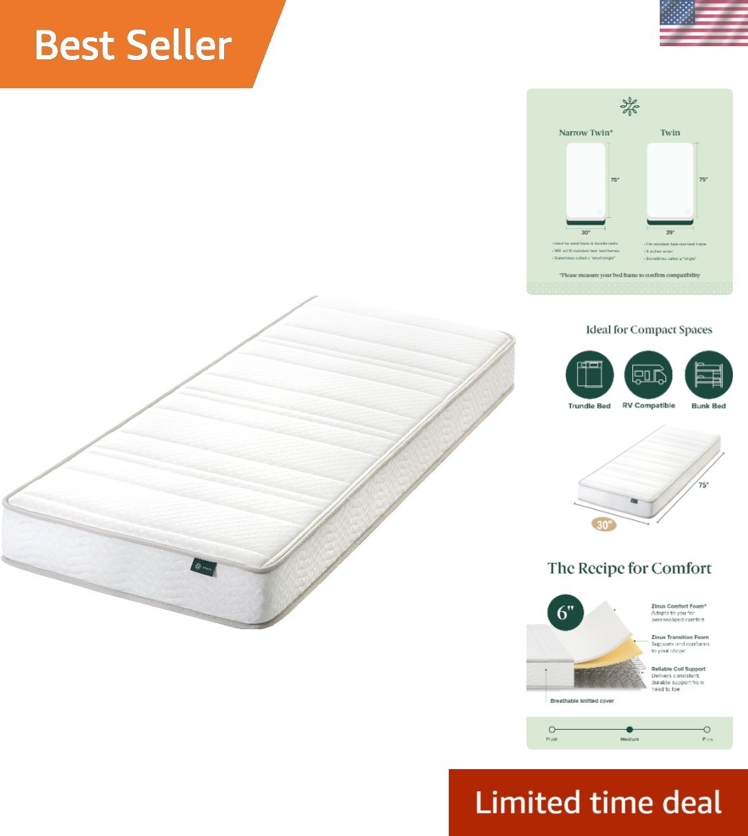 Eco-Friendly Narrow Twin Mattress 30″ x 75″ – 6″ CertiPUR-US Certified Hybrid