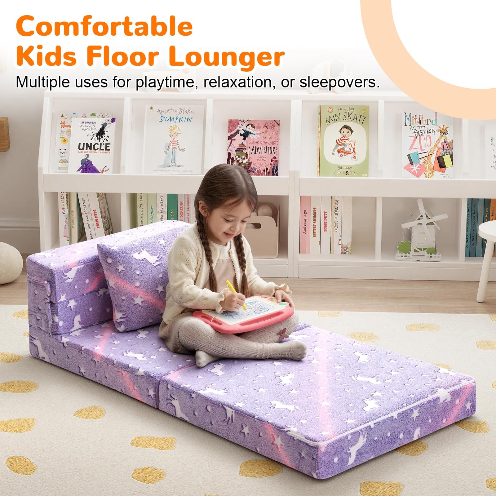 Foldable Futon Chair Bed for Kids, Glow Tri-Fold Sofa Bed Convertible Toddler…