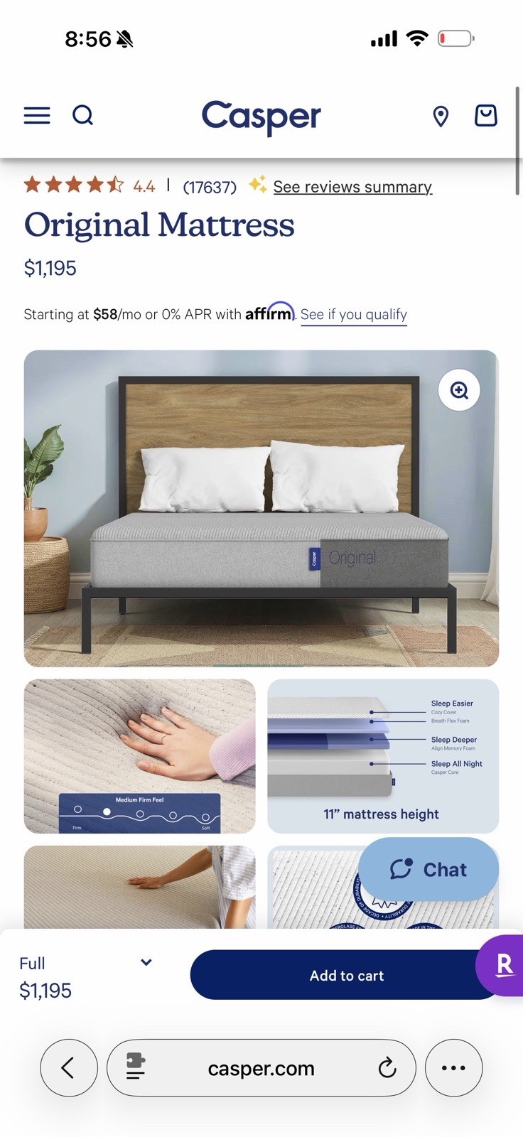Casper Mattress, Full, Light Grey