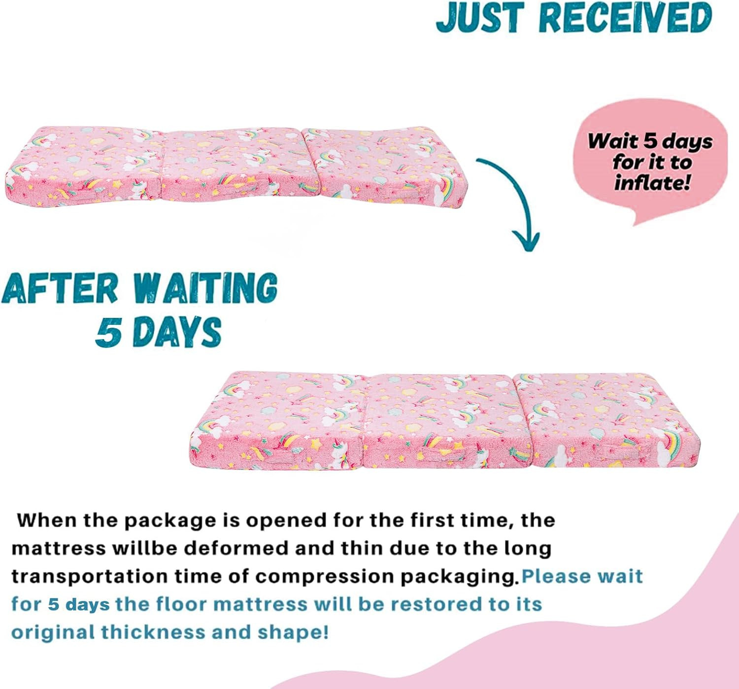 Glow Pink Unicorn Trifold Floor Mattress for Kids – Portable Nap Mat 57×22 Inch