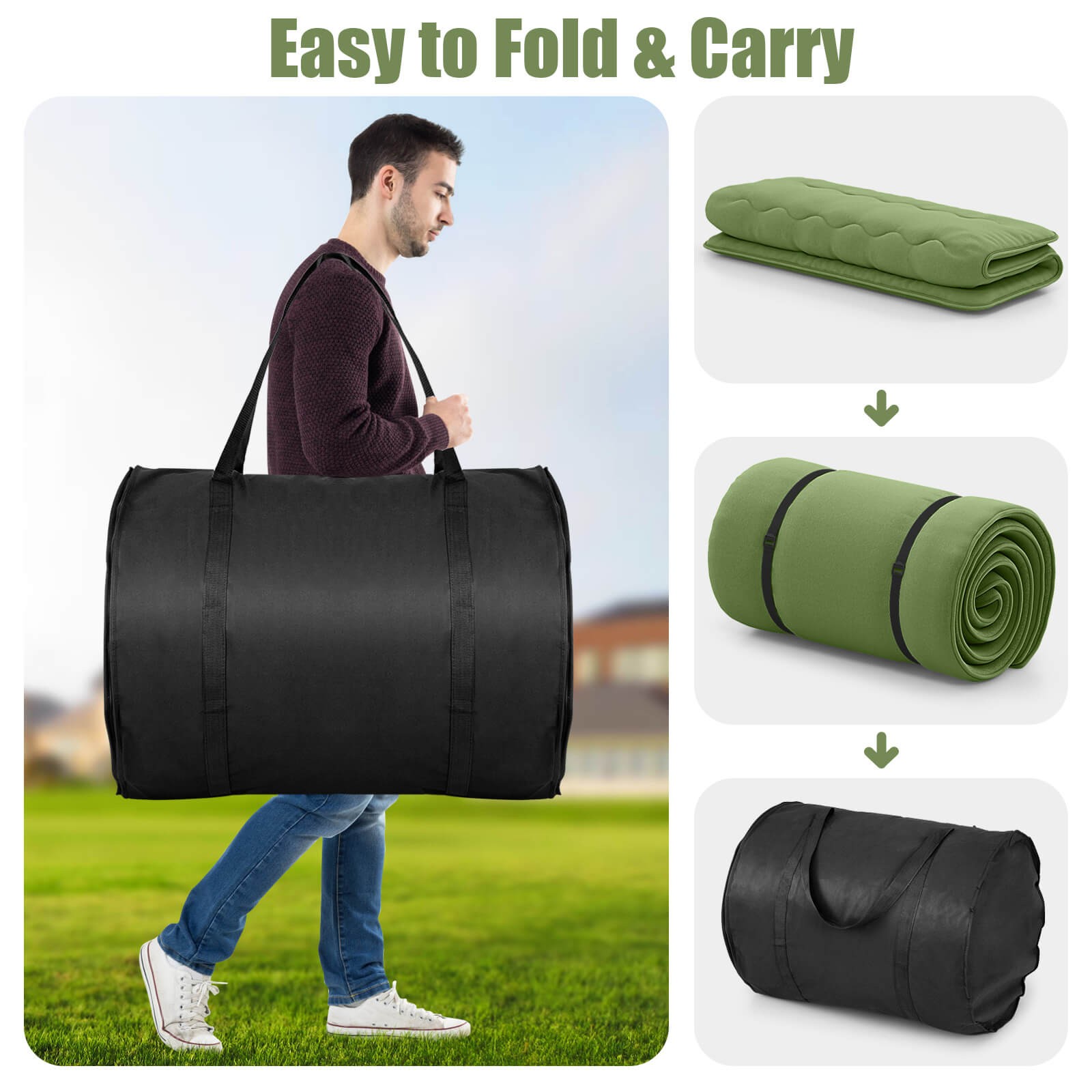 Queen Futon Mattress Japanese Floor Pad Washable Cover Carry Bag Green