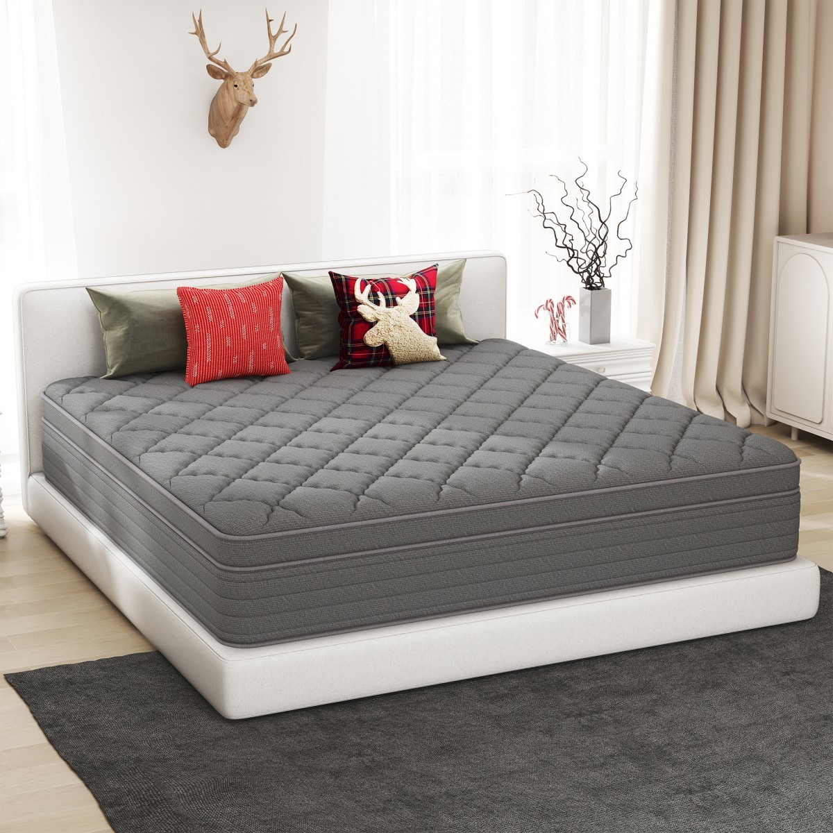 12″14″ Twin Full Queen King Mattress In A Box Hybrid Spring Gel Memory Foam Gray
