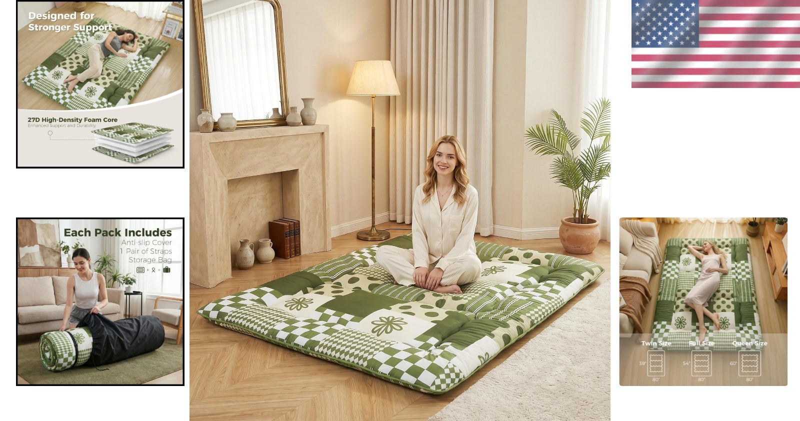 Foldable Japanese Floor Mattress Full 80″x54″ 2.5″ 3-Layer Foam Anti-Slip Cover