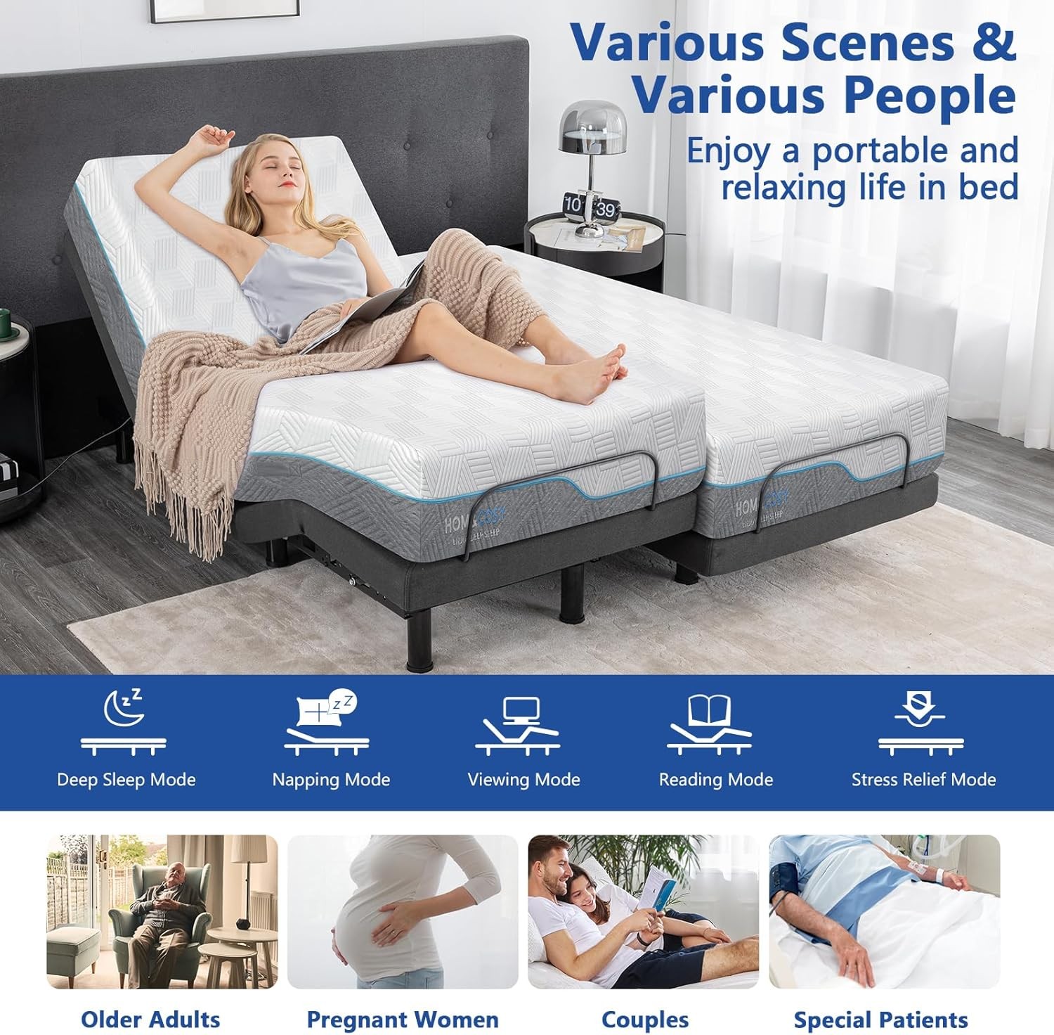 Adjustable Queen Bed Frame & 14″ Gel Memory Foam Mattress with Smart Features
