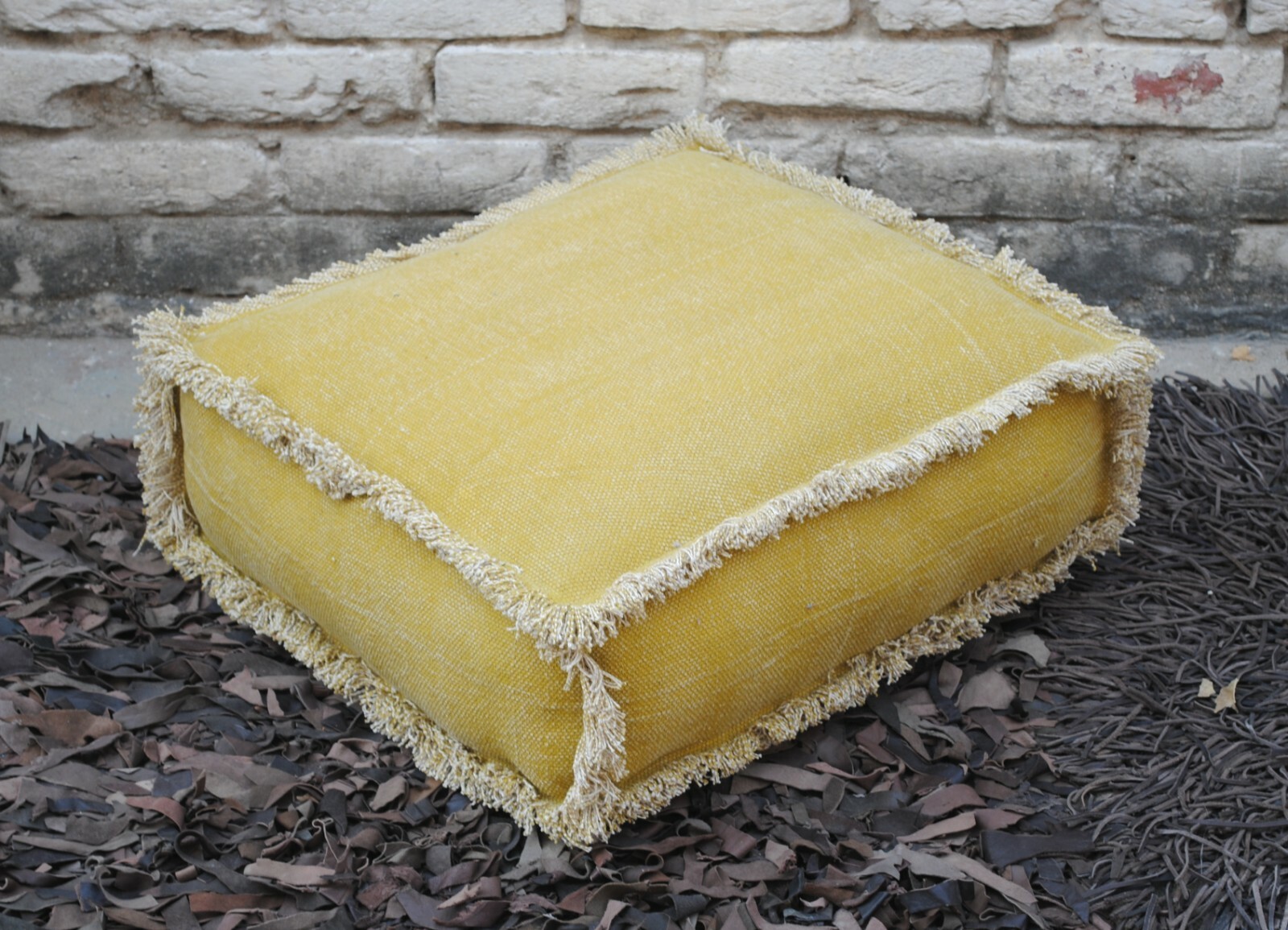 COTTON RUG YELLOW SQUARE MATTRESS WITH FRINGES 50X50X15 CM COZY SITTING 1 SEATER