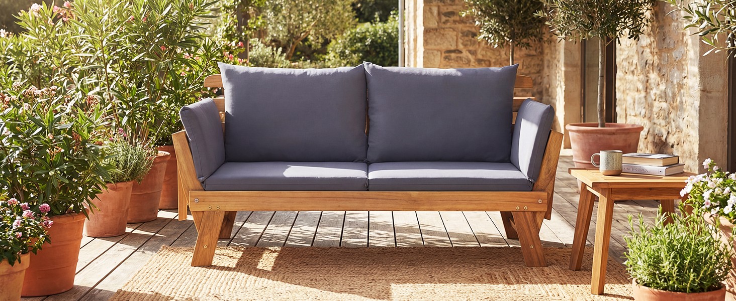 Convertible Acacia Wood Patio Couch Sofa Bed with Adjustable