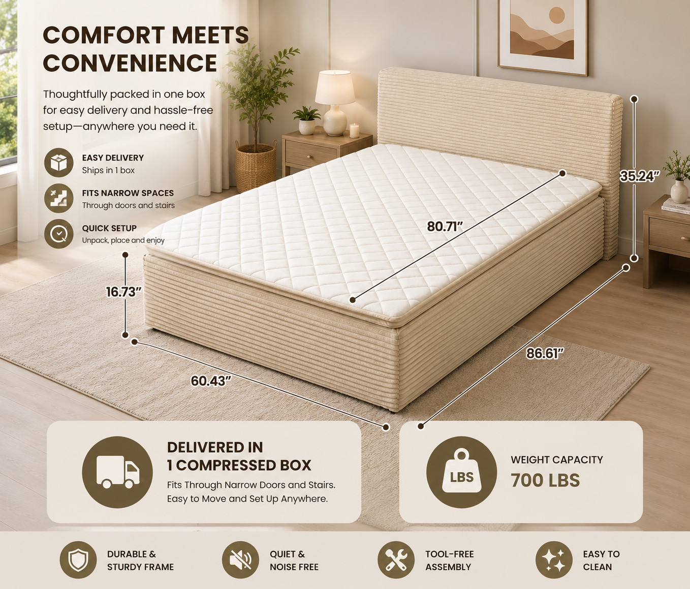 Queen Beige Boneless Bed Floor Mattress Hybrid Foam Spring Guest Bed