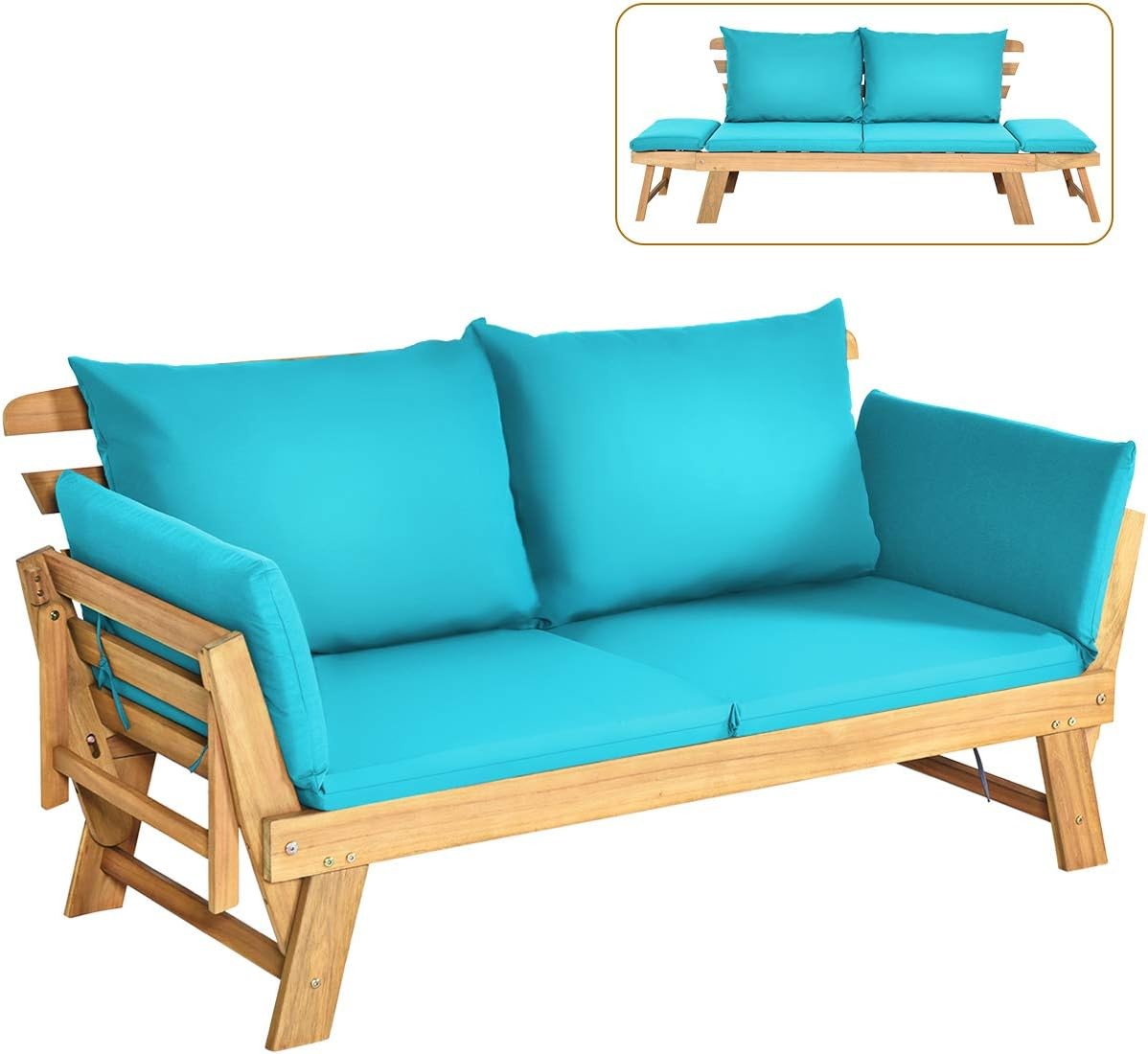 Convertible Acacia Wood Patio Couch Sofa Bed with Adjustable