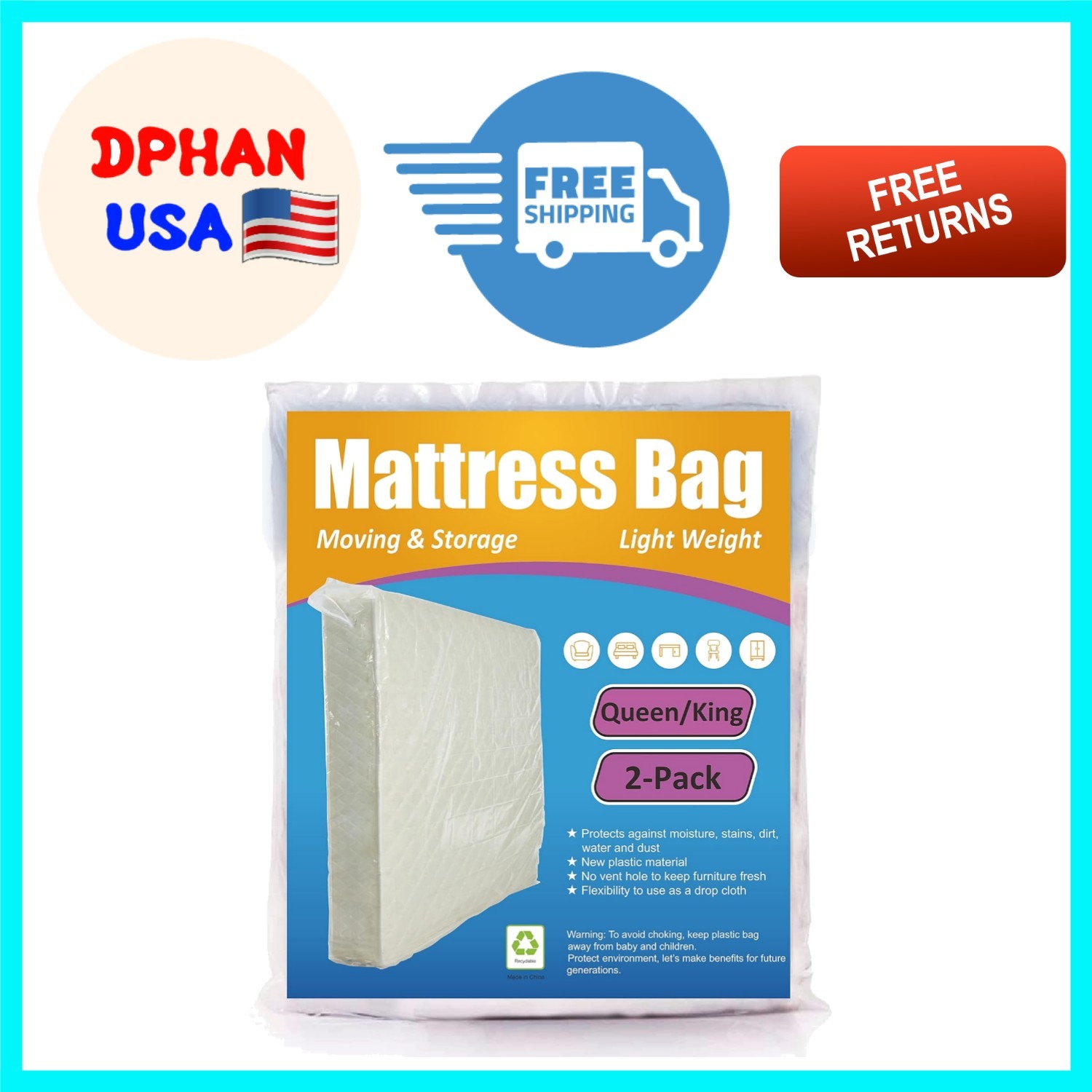2-Pack Clear Mattress Bag for Safe Storage – Fits Queen & King Sizes, Durable