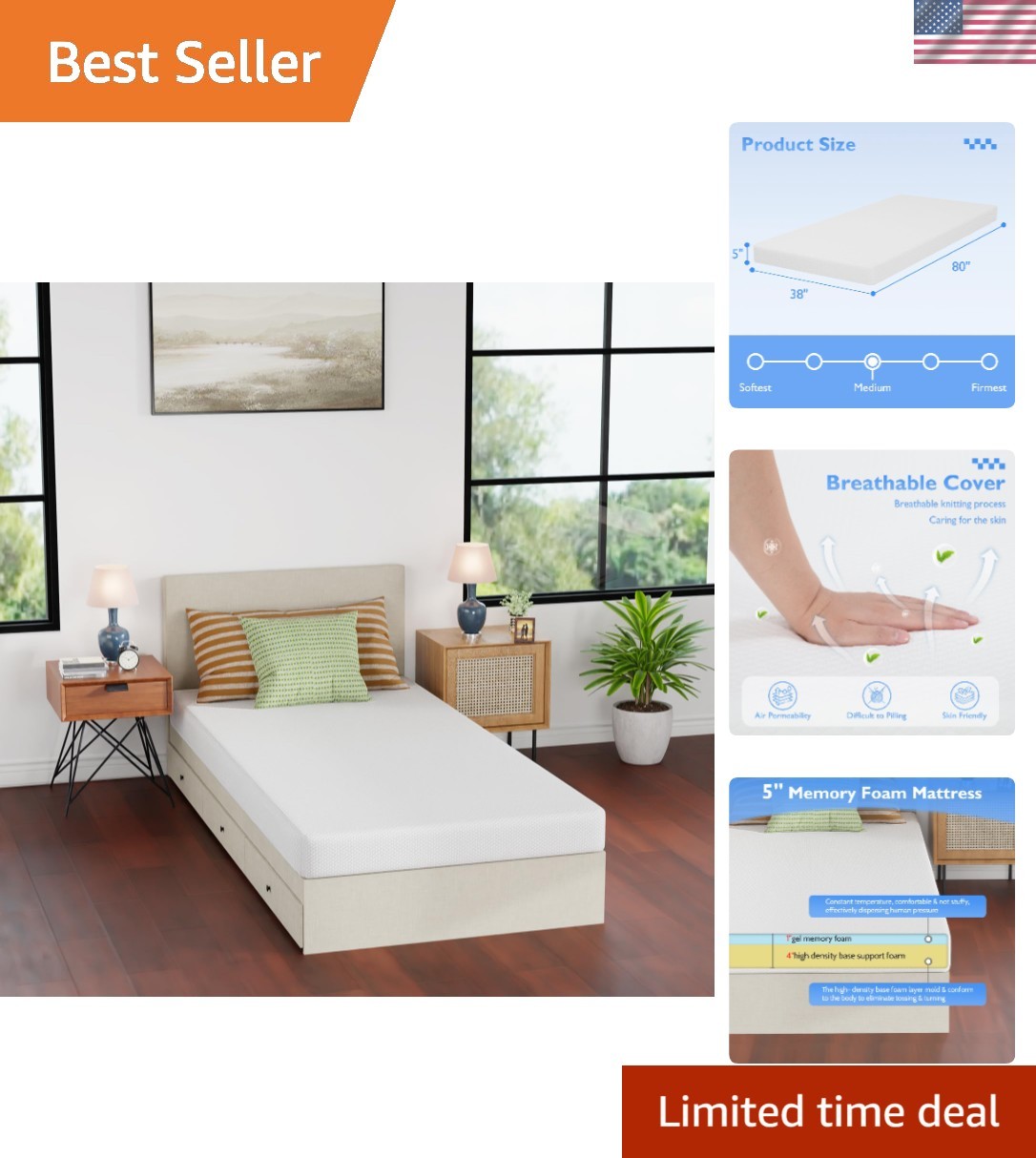 Pressure Relief Twin XL Gel Memory Foam Mattress – 5 Inch, CertiPUR-US Certified