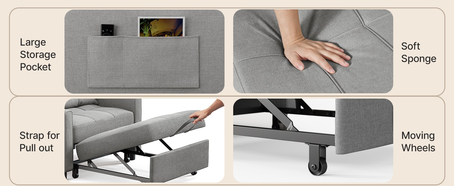 Convertible Sleeper Chair, 3-in-1 Sofa Bed with Adjustable Design,