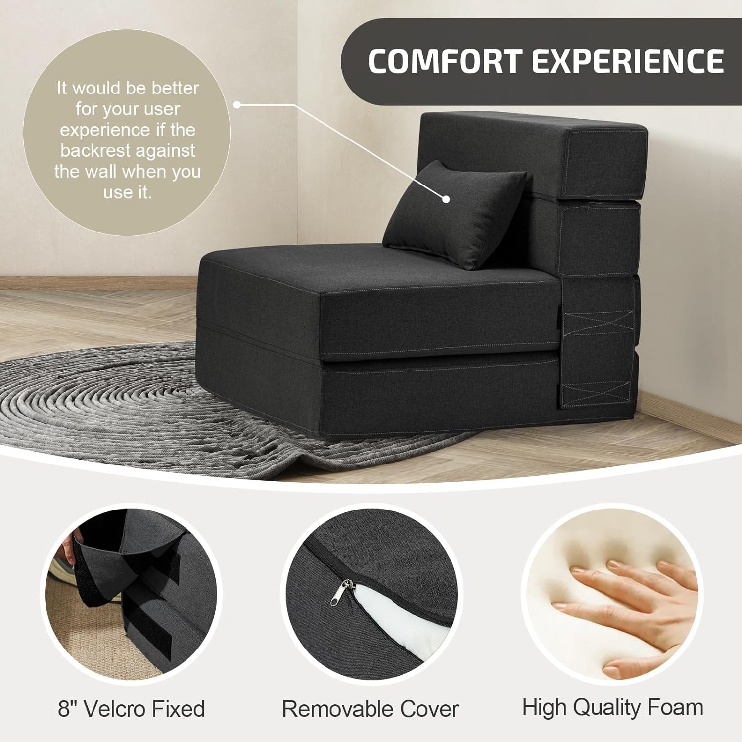 Folding Sofa Bed with Pillow- Convertible Chair Single(28 width), Dark Gray