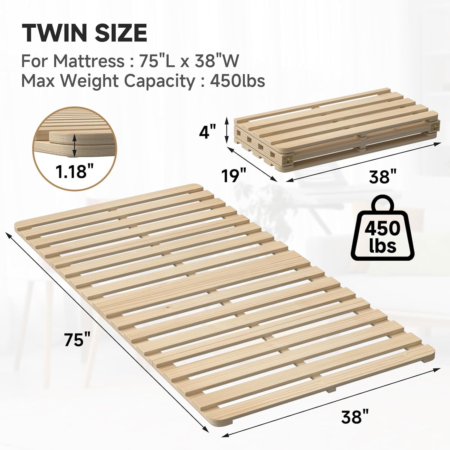 Solid Pine Wood Foldable Slatted Bed, Japanese Tati Floor Bed