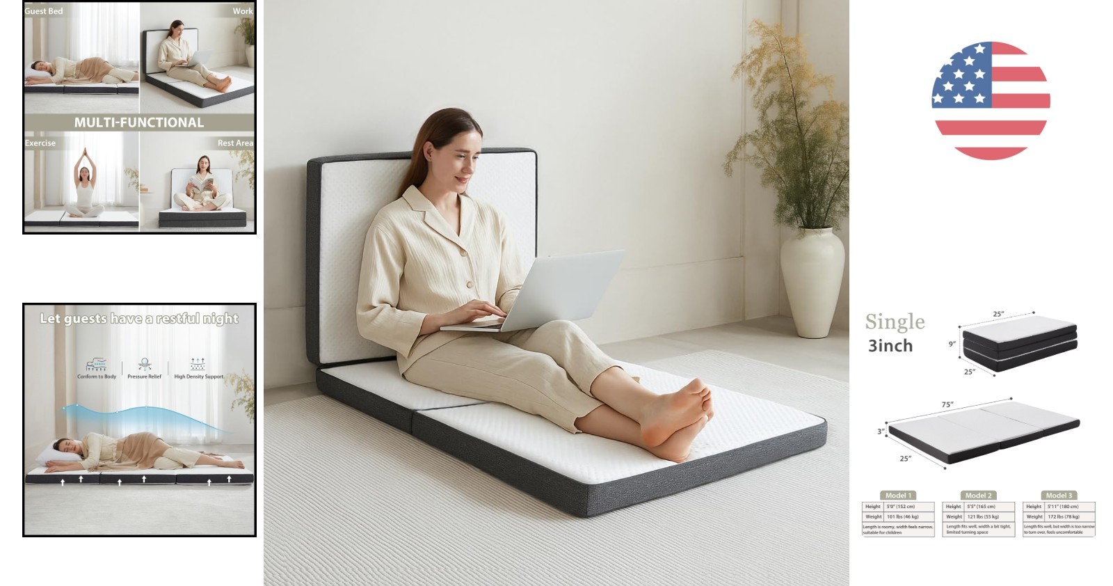 3 Inch Portable Tri-Folding Memory Foam Mattress – Removable and Washable Cover