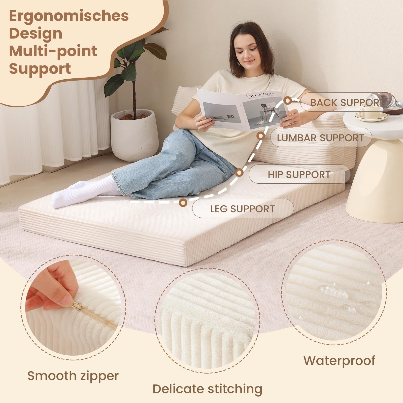 JUIKURY Folding Sofa Bed, Convertible Sleeper Chair with Pilow Full, Beige