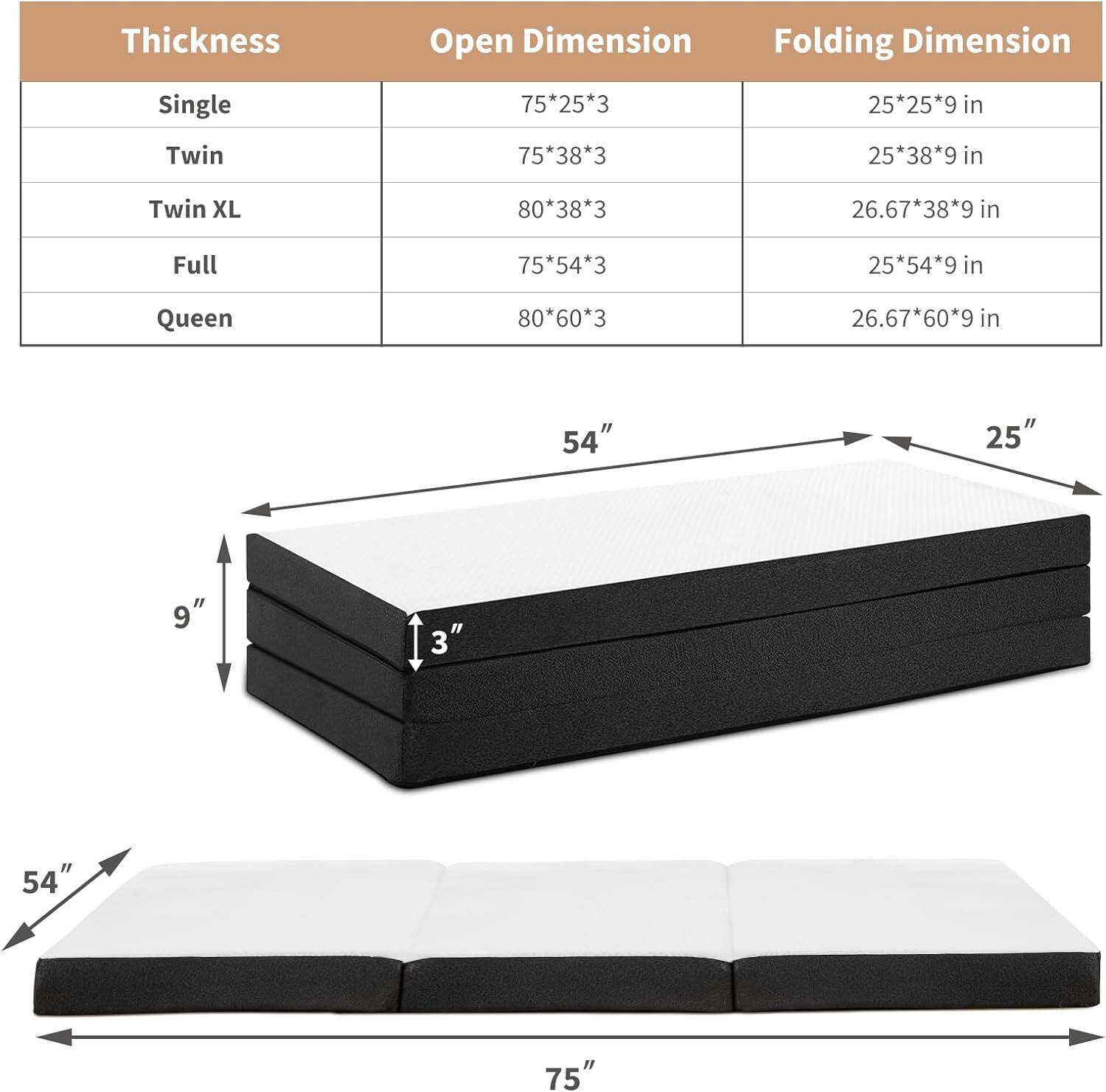 3″ Tri-Fold Memory Foam Mattress Foldable Mattress Topper with Washable Cover