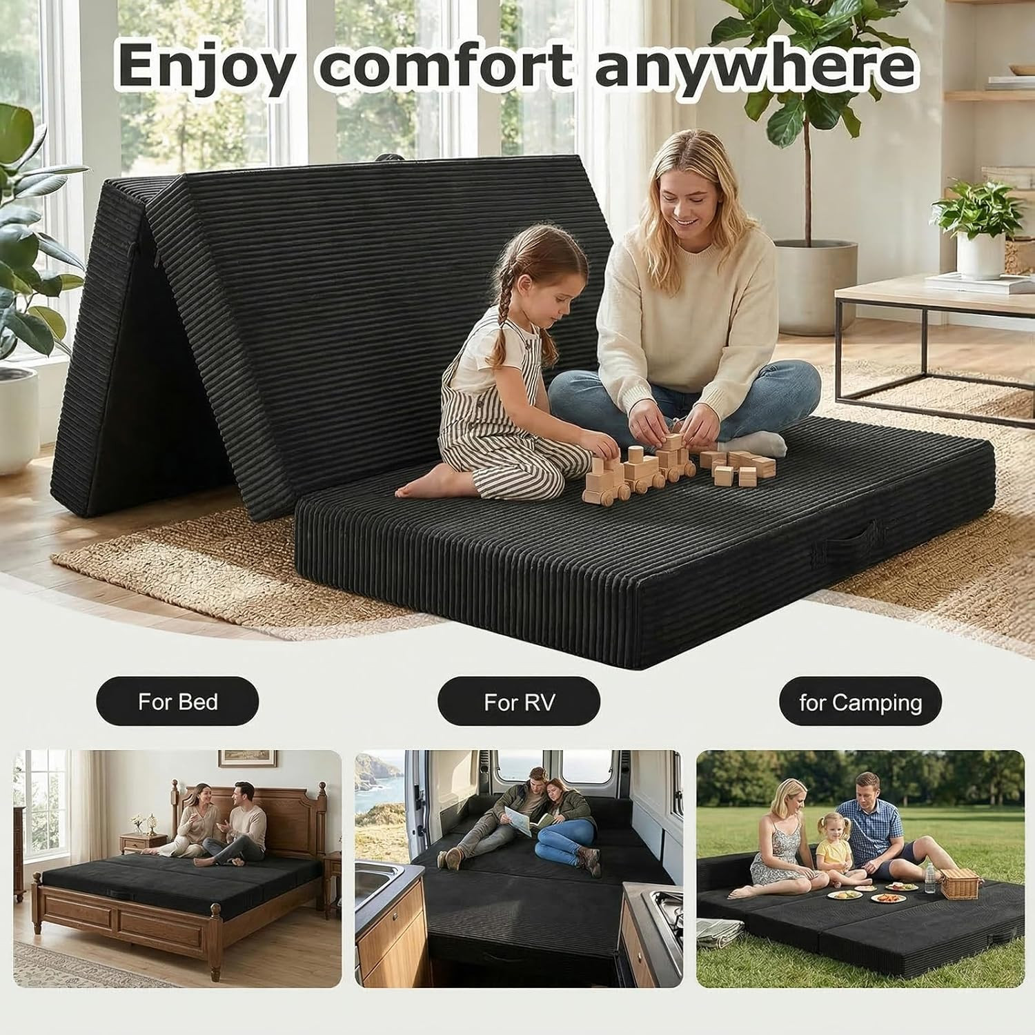 6″ Tri-Folding Full Mattress Sofa Bed, Washable Cover, High-Density Foam, Black