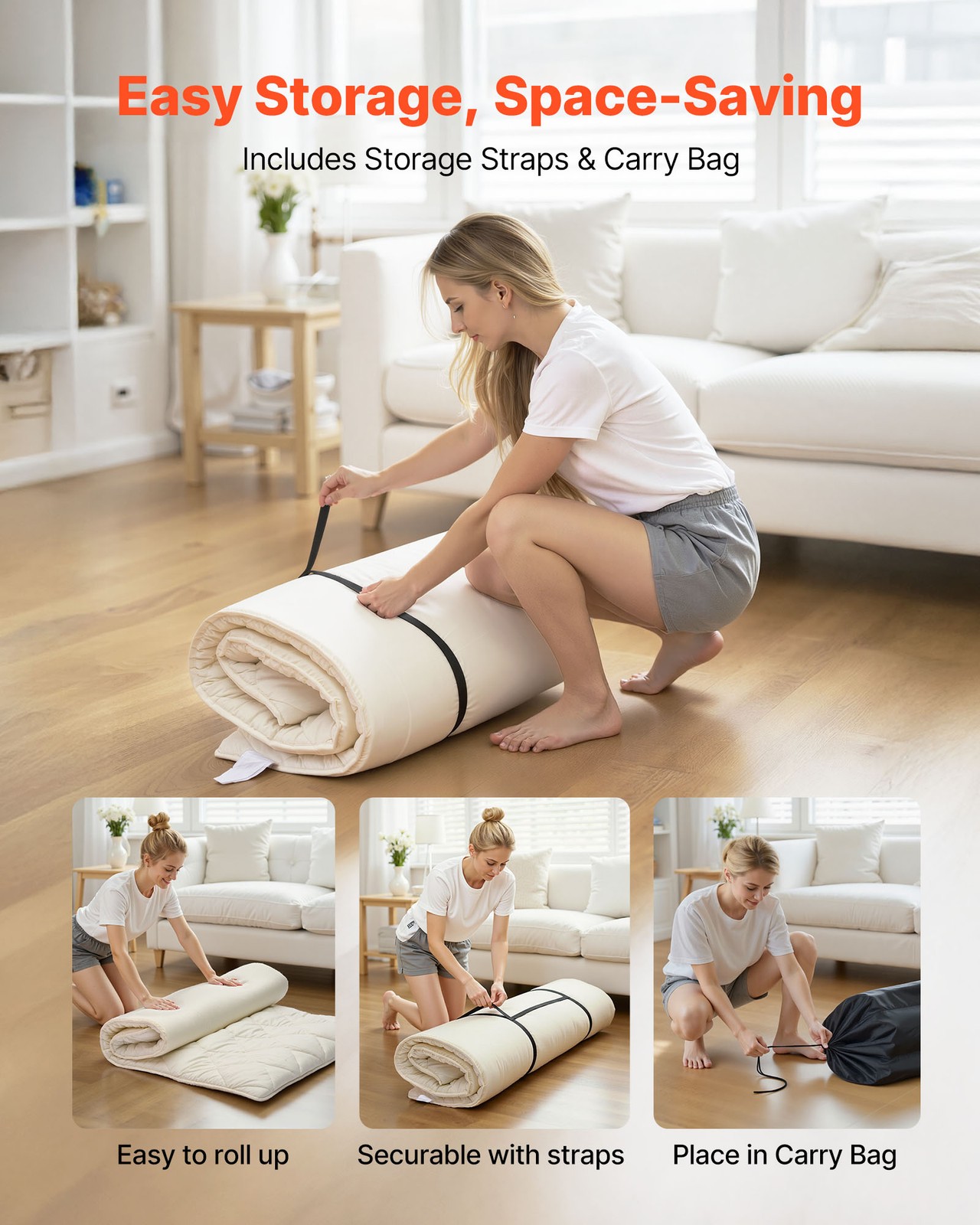 VEVOR Japanese Tatami Mat Twin Foldable Futon Mattress with Storage Bag White