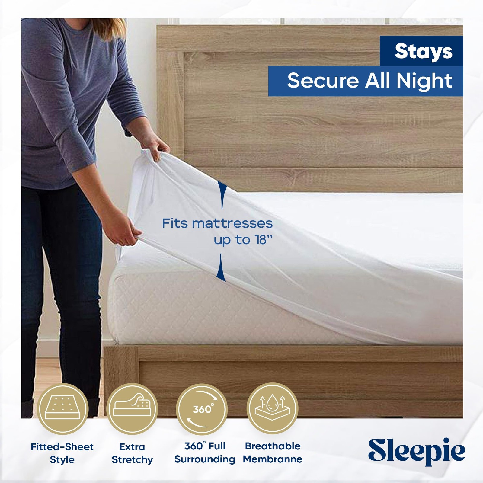 Sleepie Premium Waterproof Mattress Protector – Machine Washable Queen, White