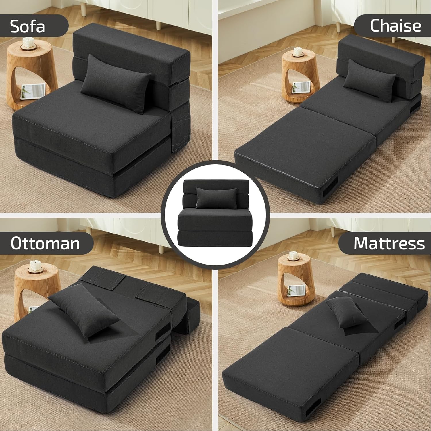 Folding Sofa Bed with Pillow- Convertible Chair Single(28 width), Dark Gray