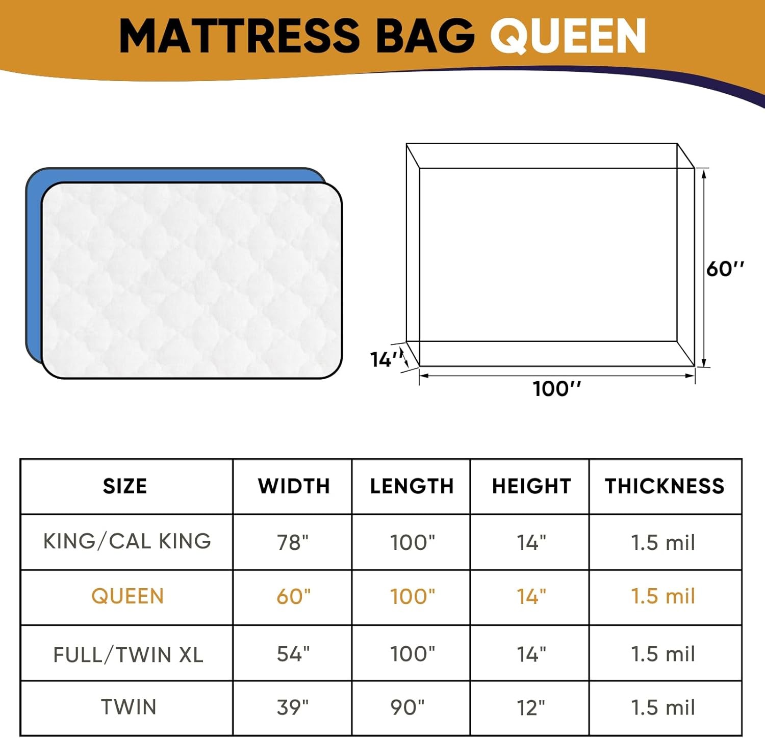 Mattress Moving & Storage Bag 100×60, Waterproof Dustproof Heavy Duty
