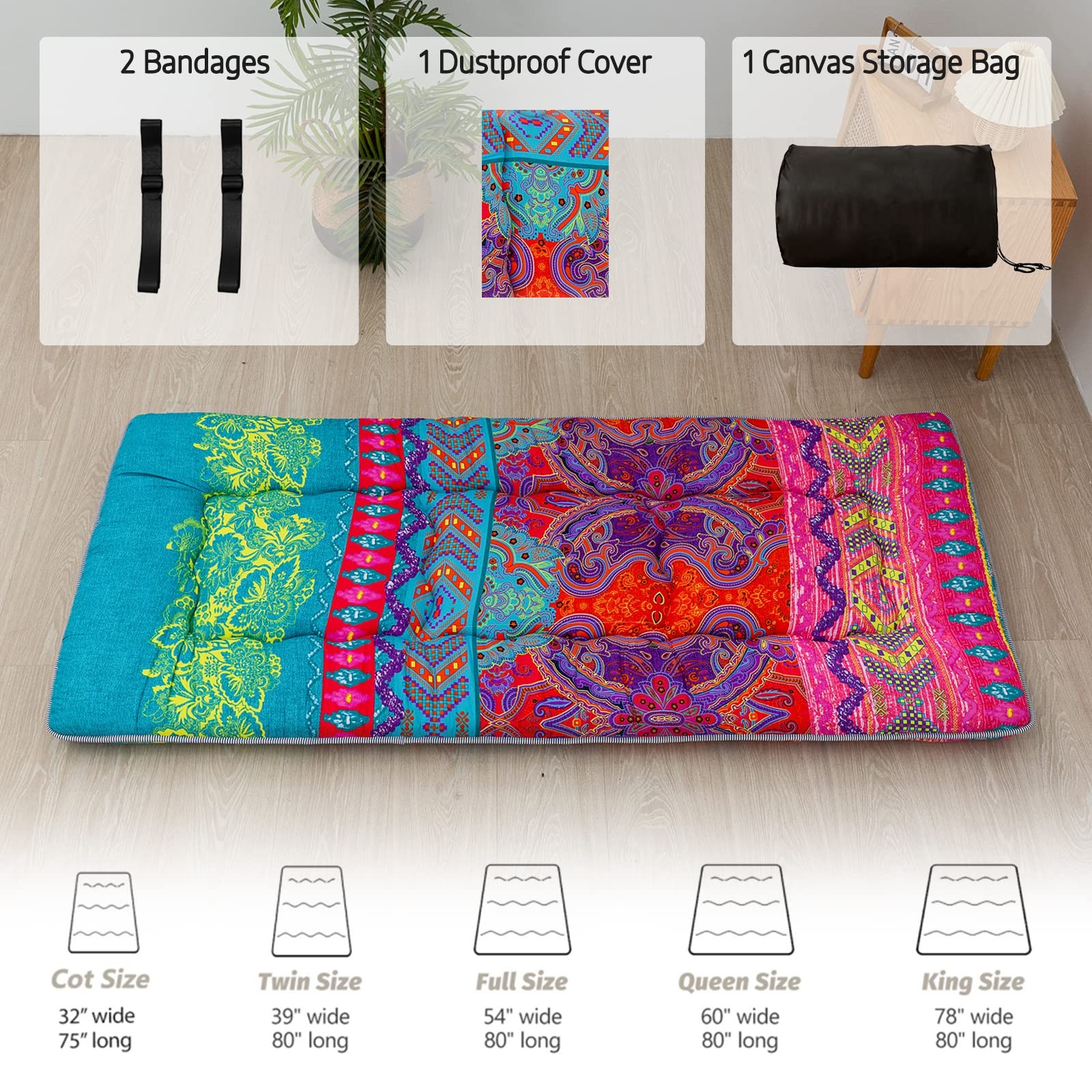 Bohemian Floor Bed, Japanese Futon Mattress, Narrow Twin Single Bed, Foldable…