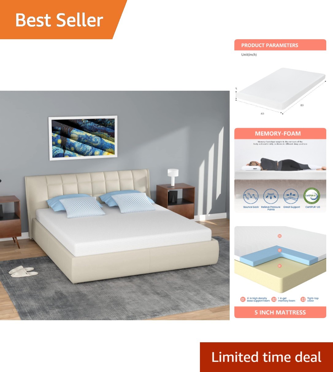 Medium Firm Gel Memory Foam Queen Mattress – 5 Inch, Cooling & Removable Cover