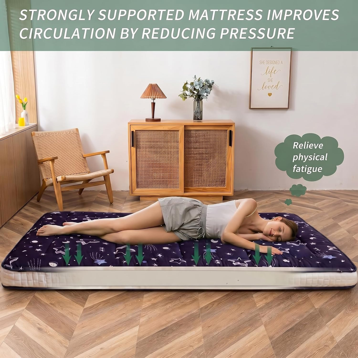 Navy Star Extra Thick Futon Mattress – Quilted Floor Lounger for Camping, Twin
