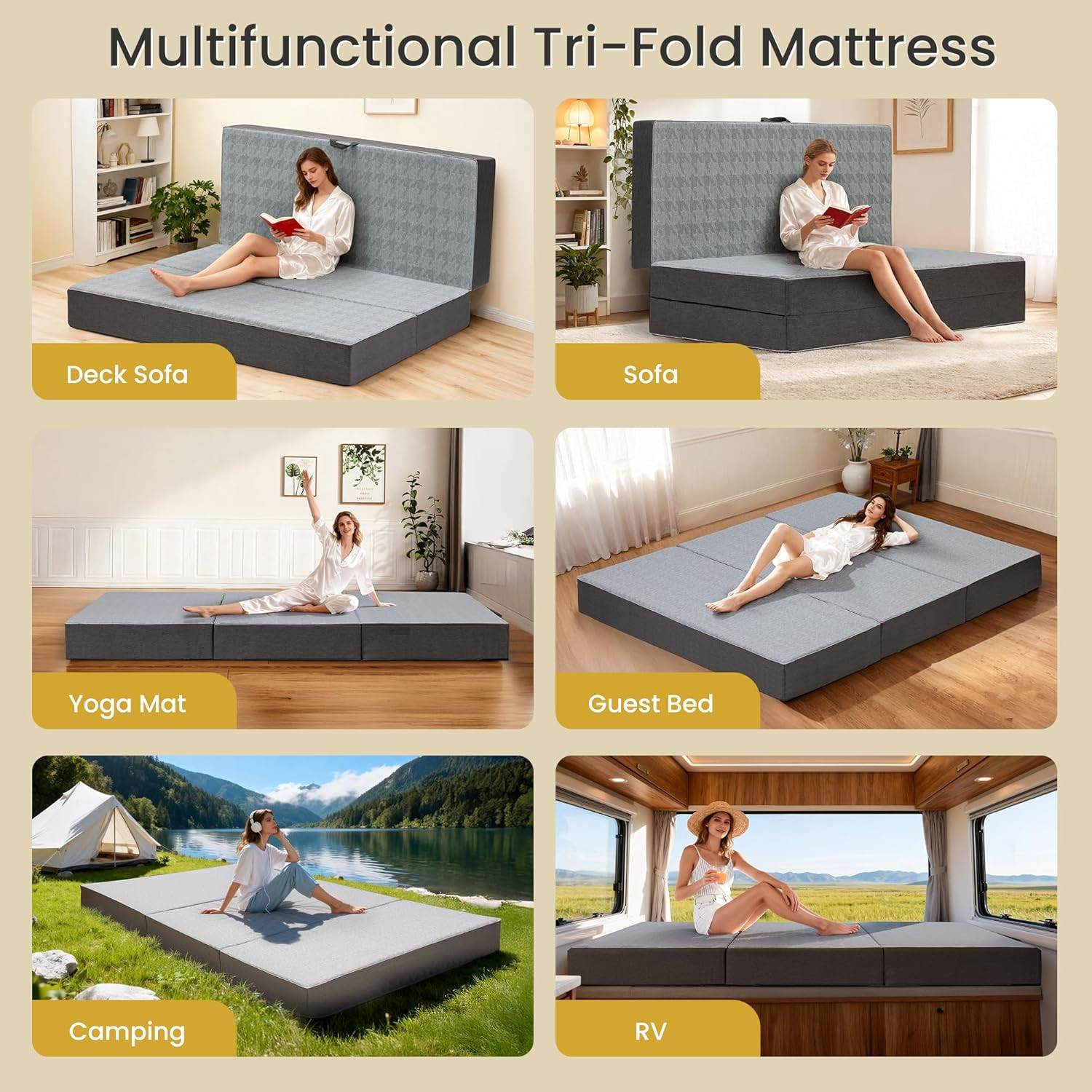 King Size Tri-Folding Mattress – 6″ Memory Foam for Home, Camping & Yoga
