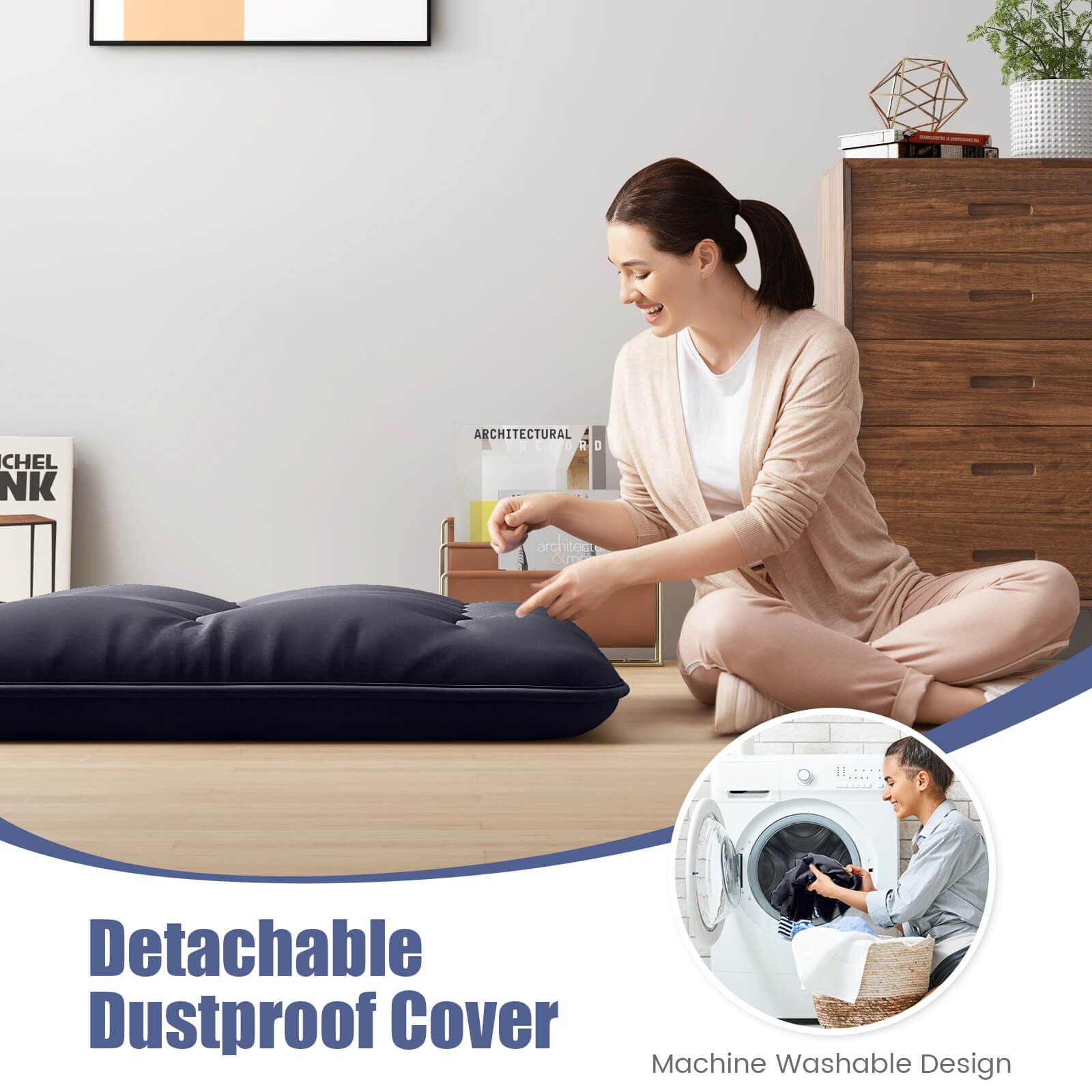Twin Futon Mattress Japanese Floor Sleeping Pad Washable Cover Carry Bag Black
