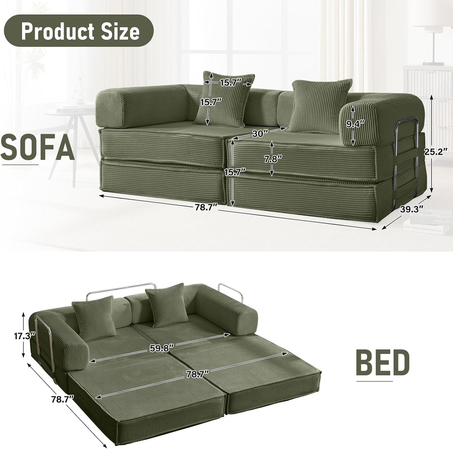 78″ Convertible Sleeper Sofa Bed, Modular Corduroy Couch with 2 Pillows,